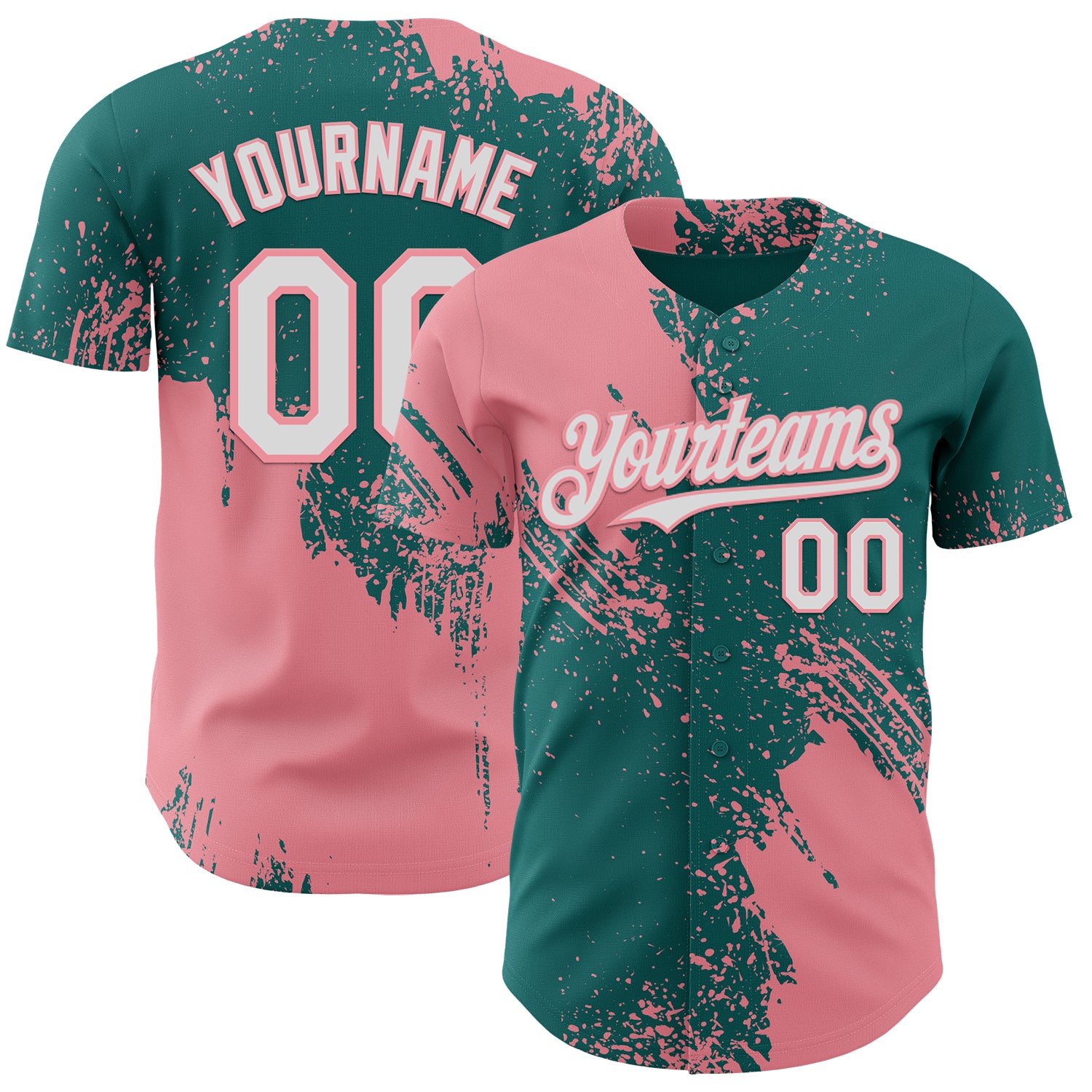 Custom Teal White-Medium Pink Abstract Brush Stroke Authentic Baseball Jersey