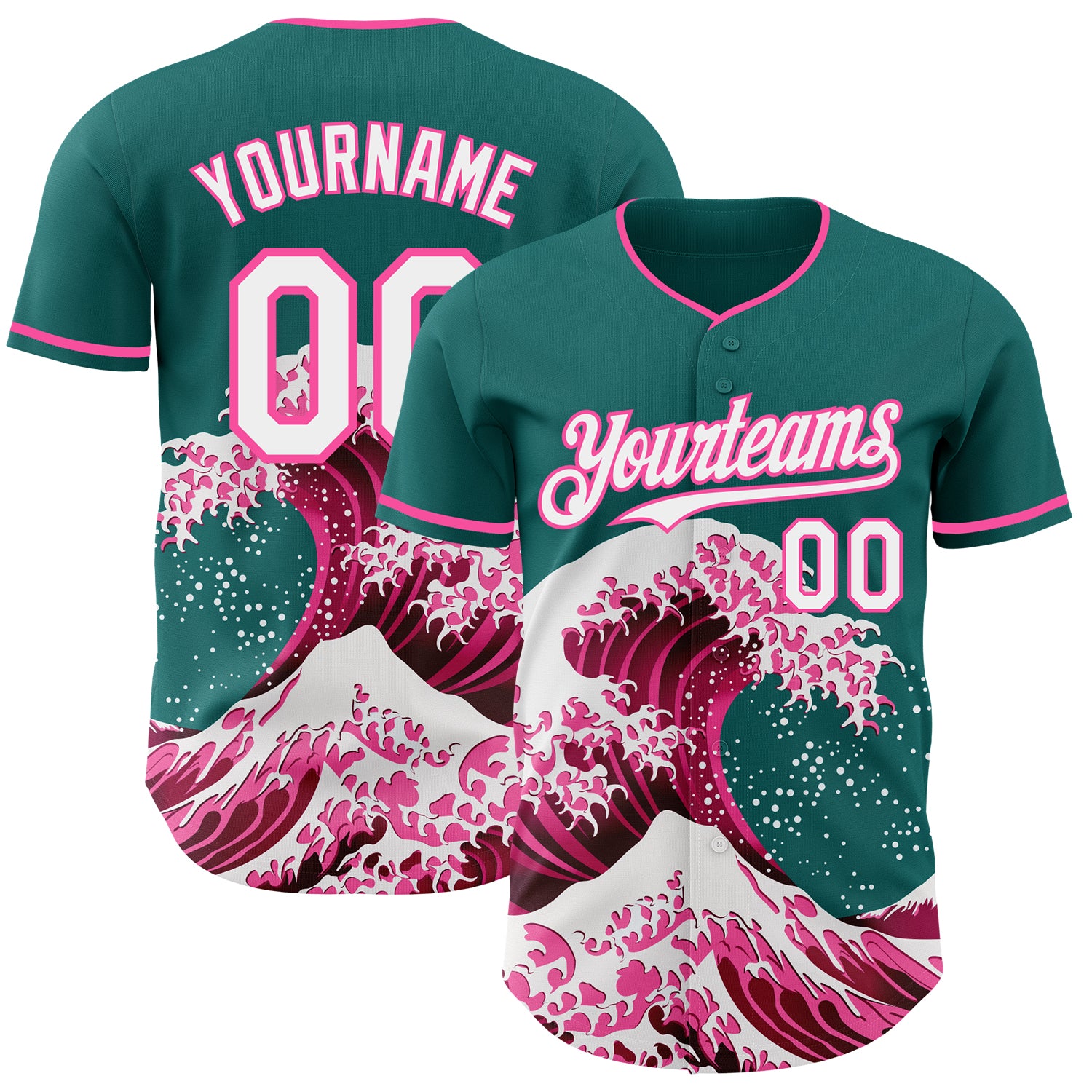 Custom Teal White-Pink Japanese Wave 3D Pattern Design Authentic Baseball Jersey