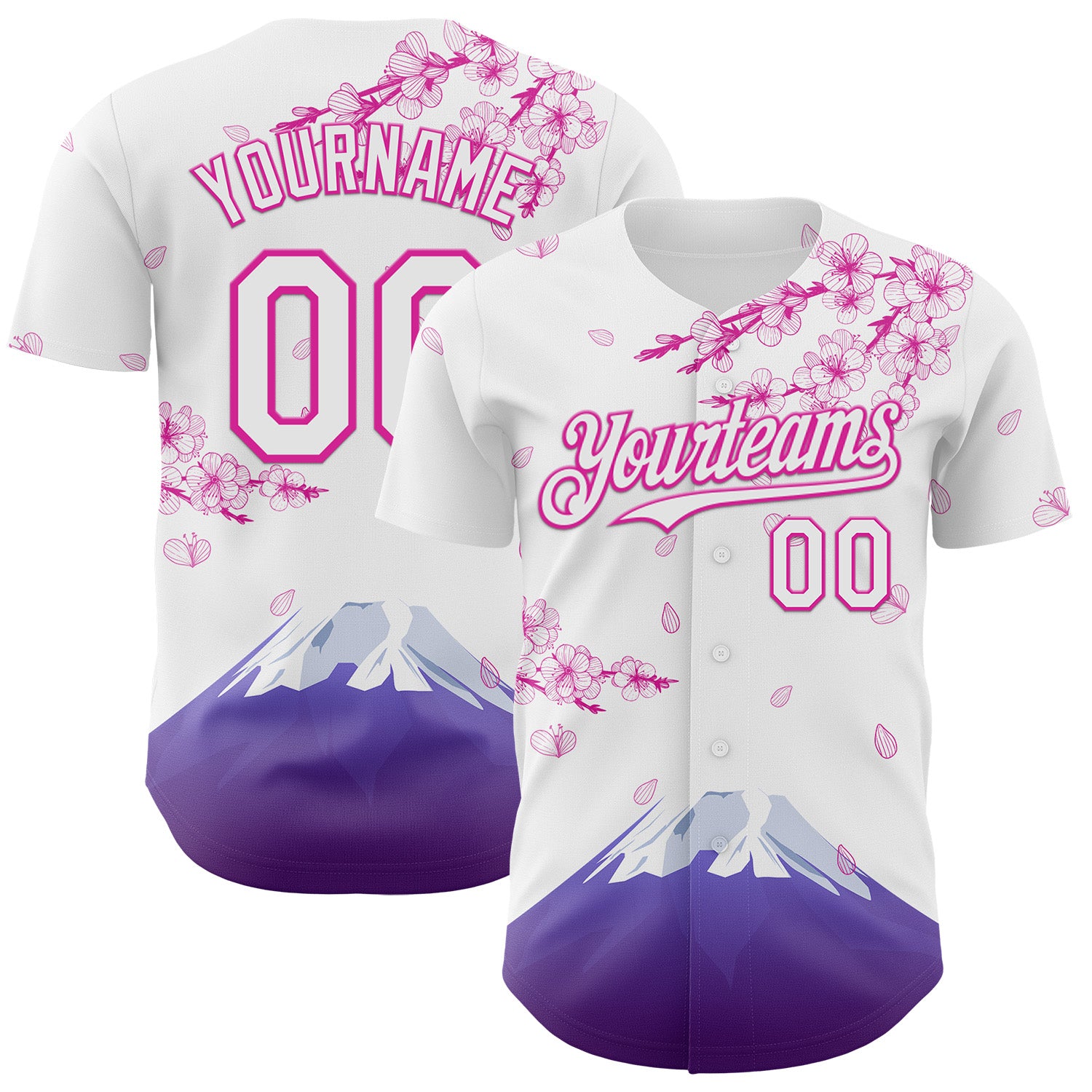 Custom White-Deep Pink Cherry Blossoms Sakura Mount Fuji Authentic Baseball Jersey