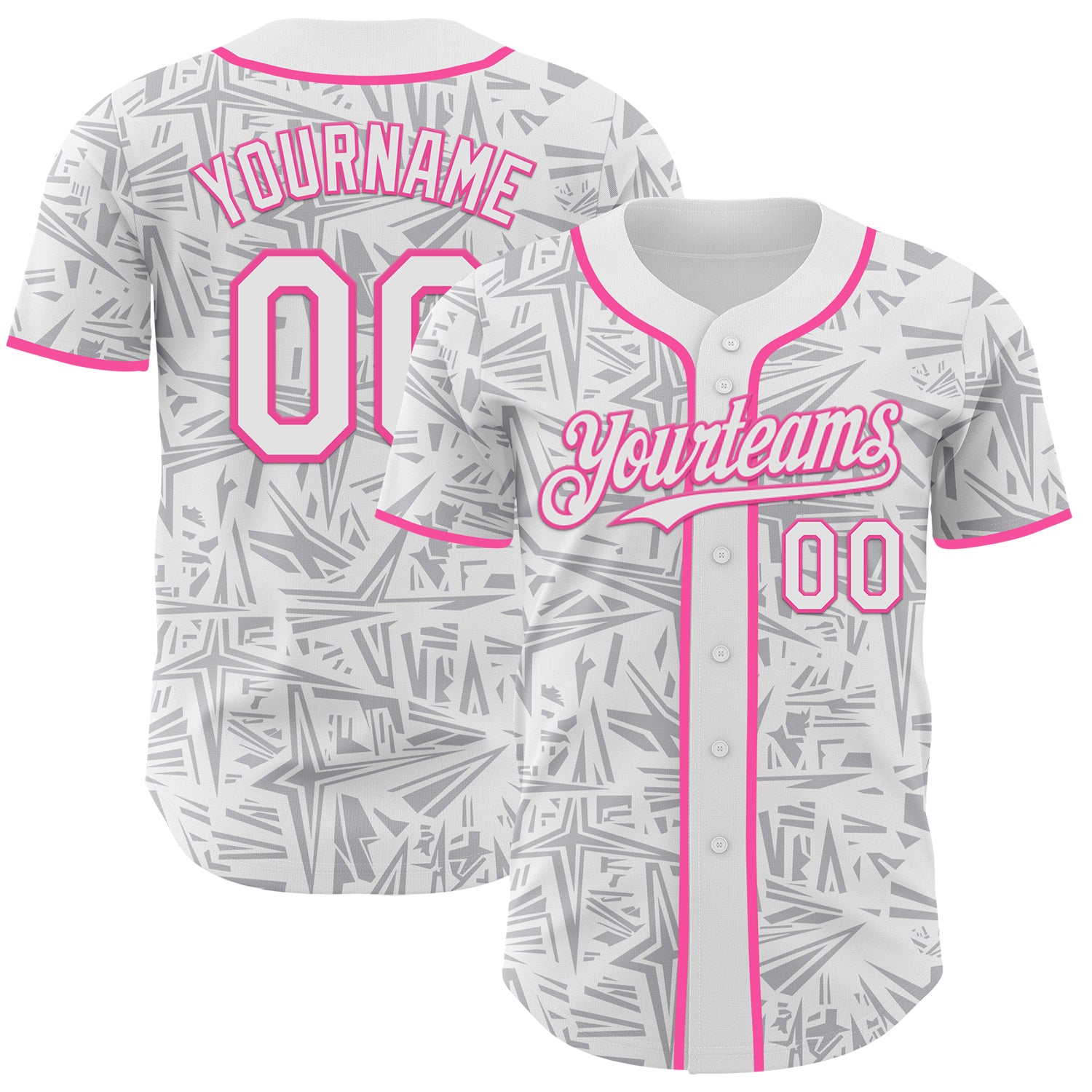 Custom White Gray-Pink Geometric Cyber Starburst Authentic Baseball Jersey