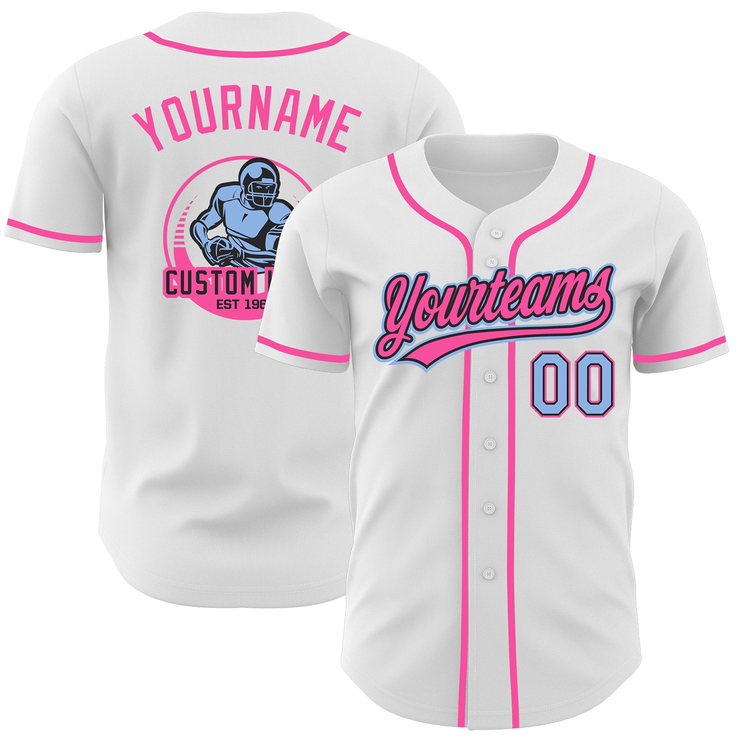 Custom White Light Blue Black-Pink Authentic Baseball Jersey