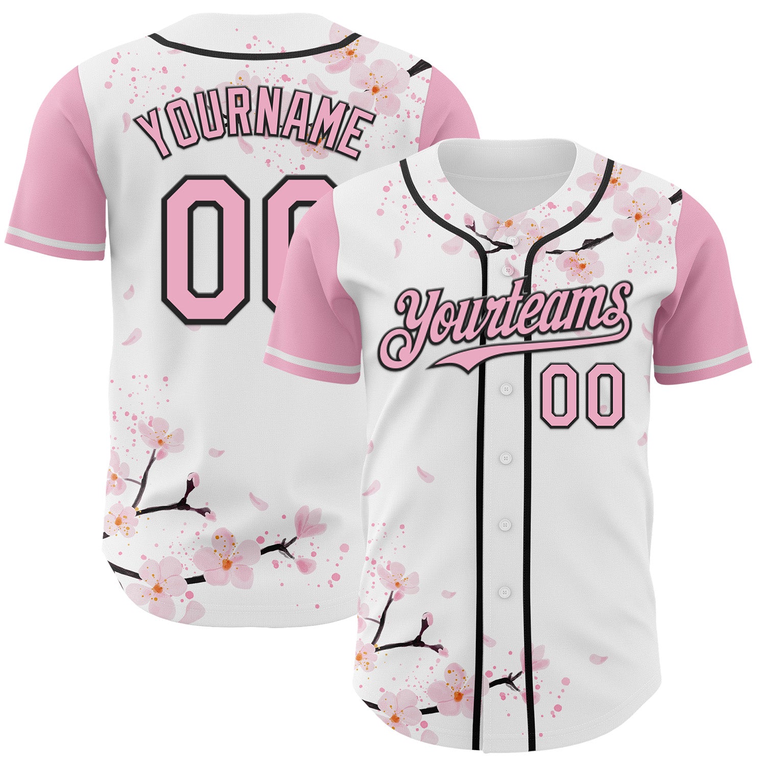 Custom White Light Pink-Black Cherry Blossoms Sakura Authentic Baseball Jersey