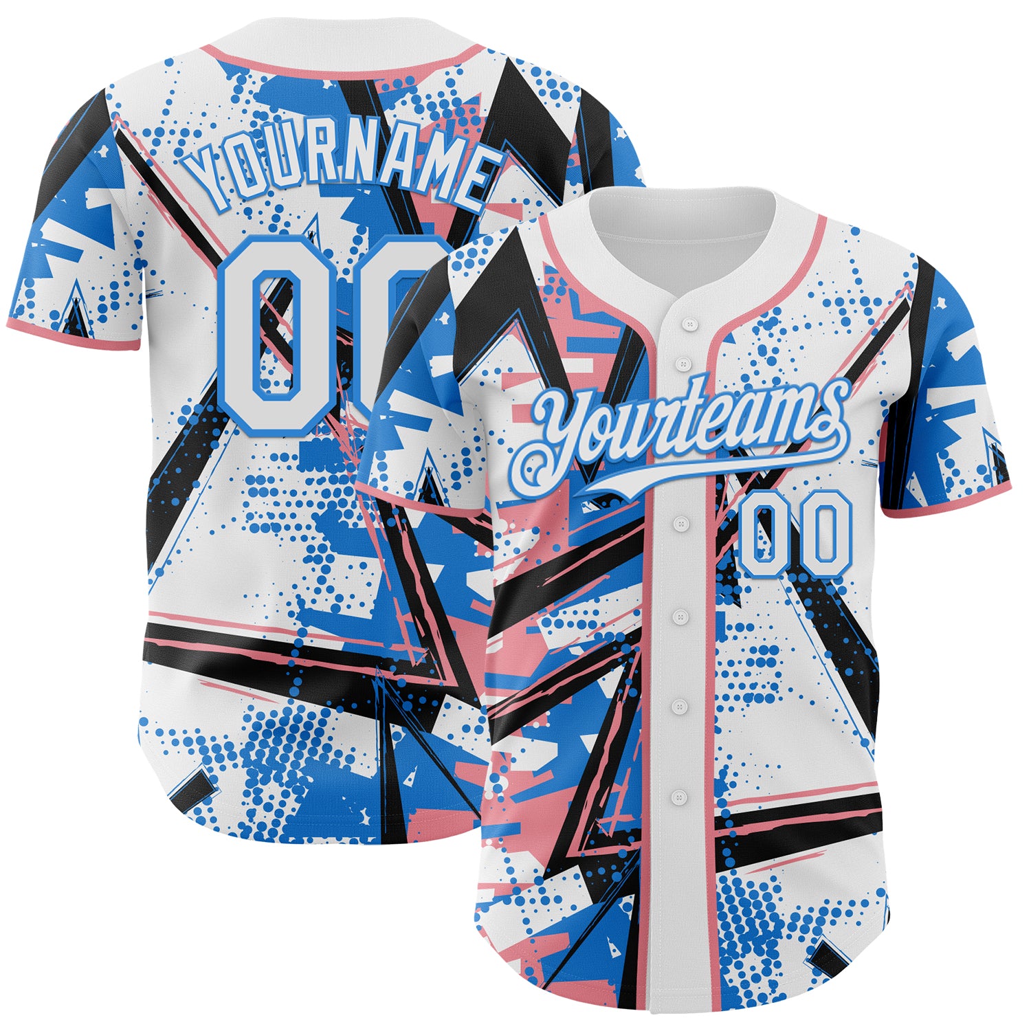 Custom White Medium Pink-Electric Blue Geometric Shards Dot Grid Authentic Baseball Jersey