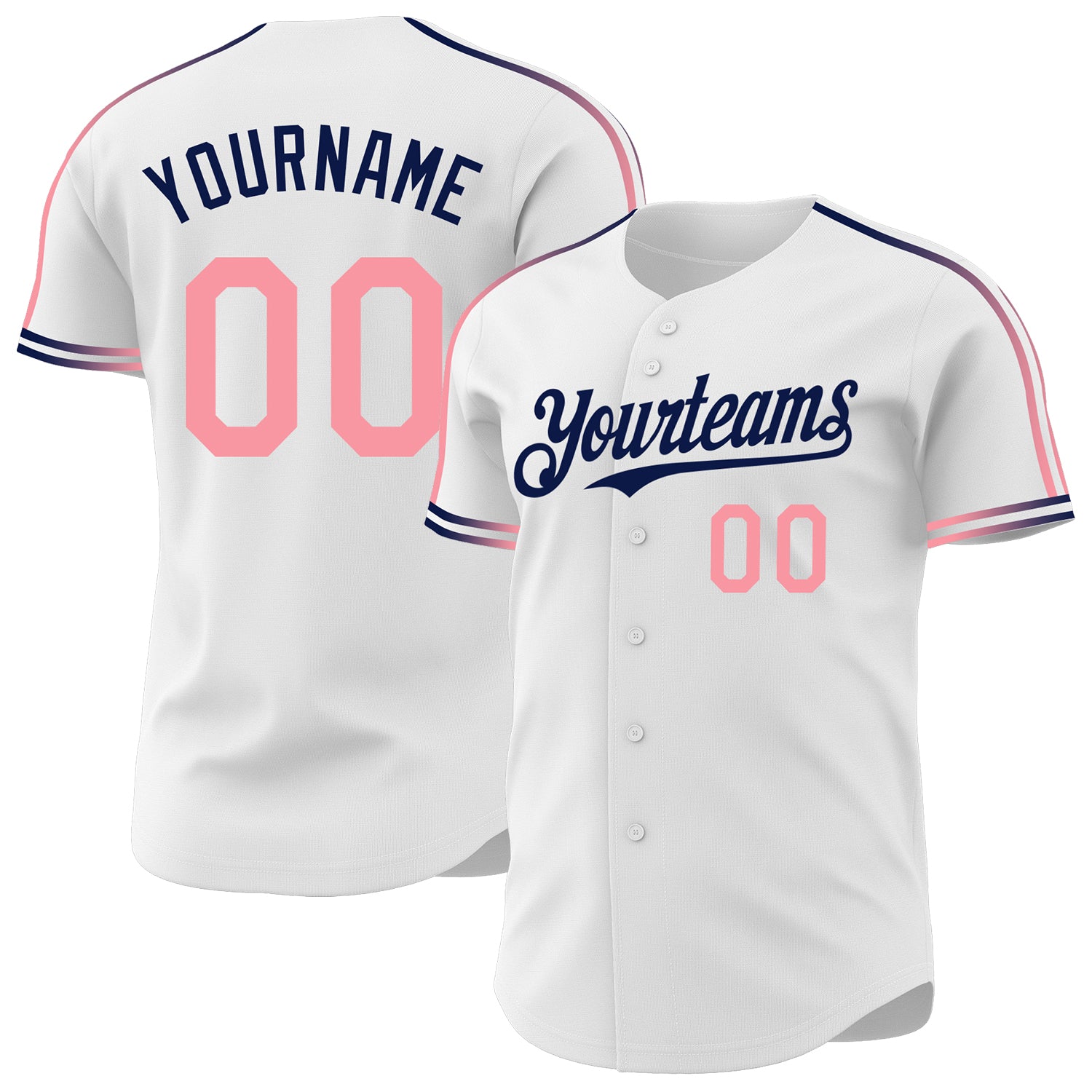 Custom White Medium Pink-Navy Raglan Line Gradient Stripe Authentic Baseball Jersey