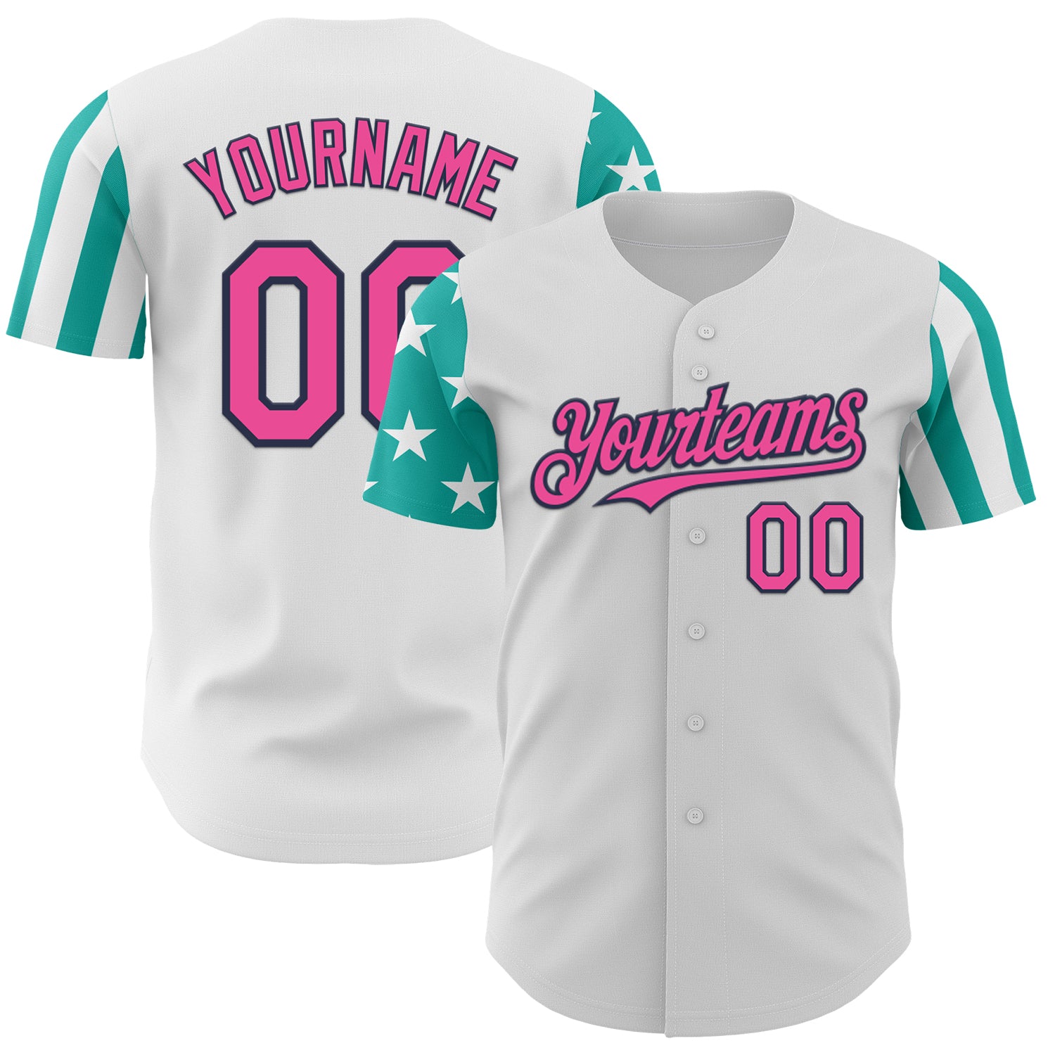 Custom White Pink Aqua-Navy Two Tone USA Flag Sleeves Stars and Stripes Authentic Baseball Jersey