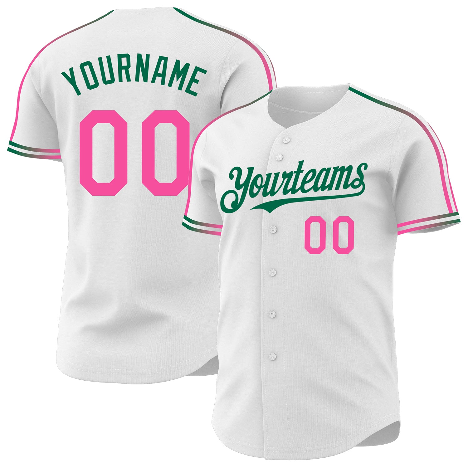 Custom White Pink-Kelly Green Raglan Line Gradient Stripe Authentic Baseball Jersey