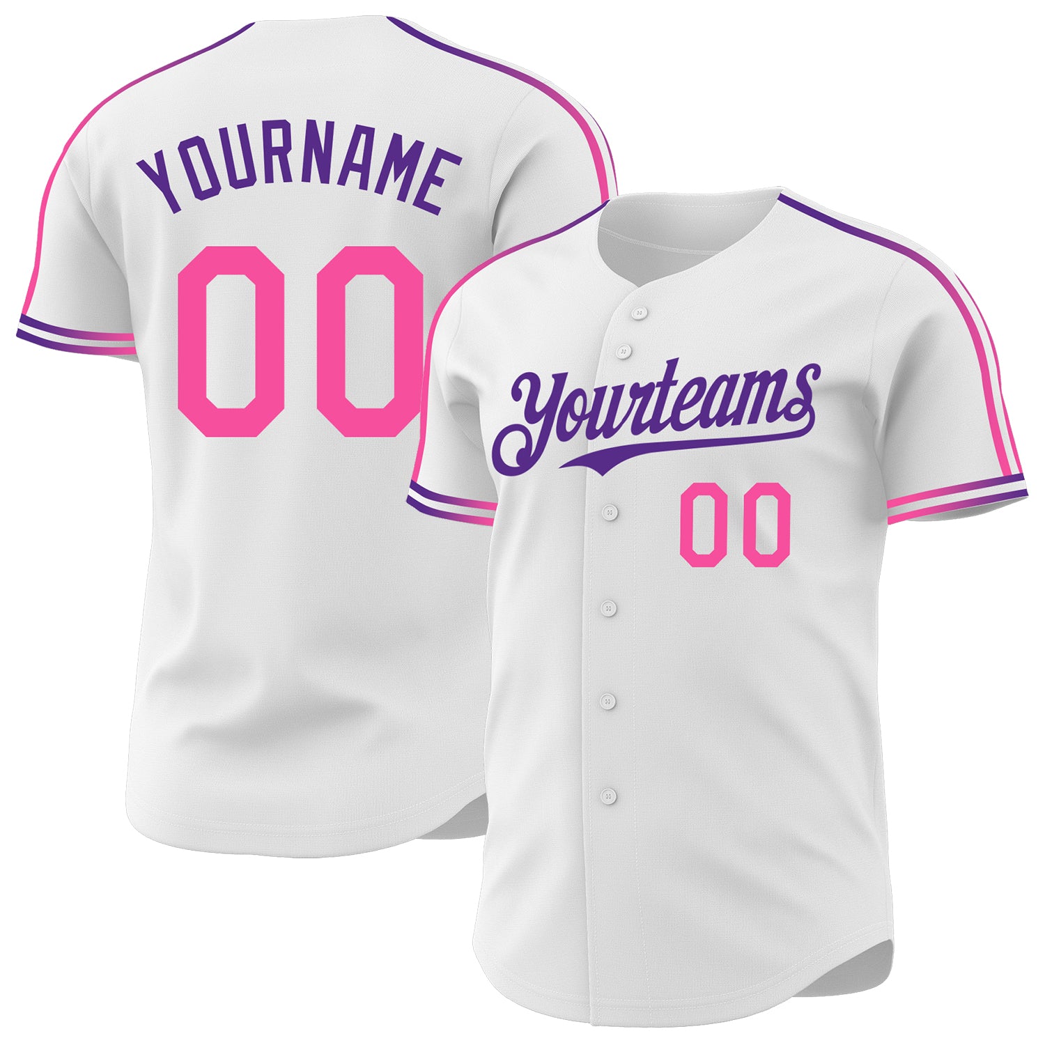 Custom White Pink-Purple Raglan Line Gradient Stripe Authentic Baseball Jersey