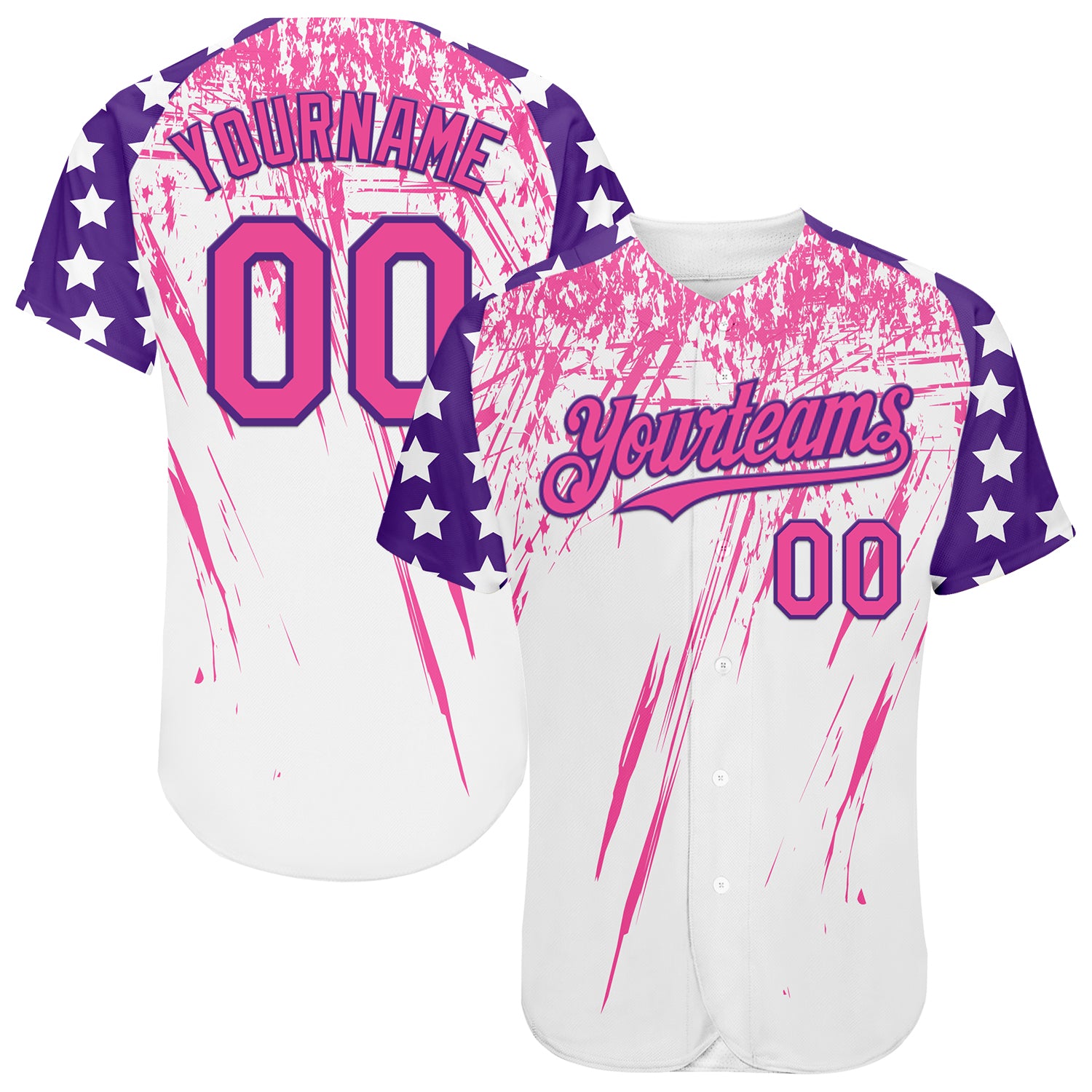 Custom White Pink-Purple Splatter Brush Stroke Star Raglan Sleeves Authentic Baseball Jersey