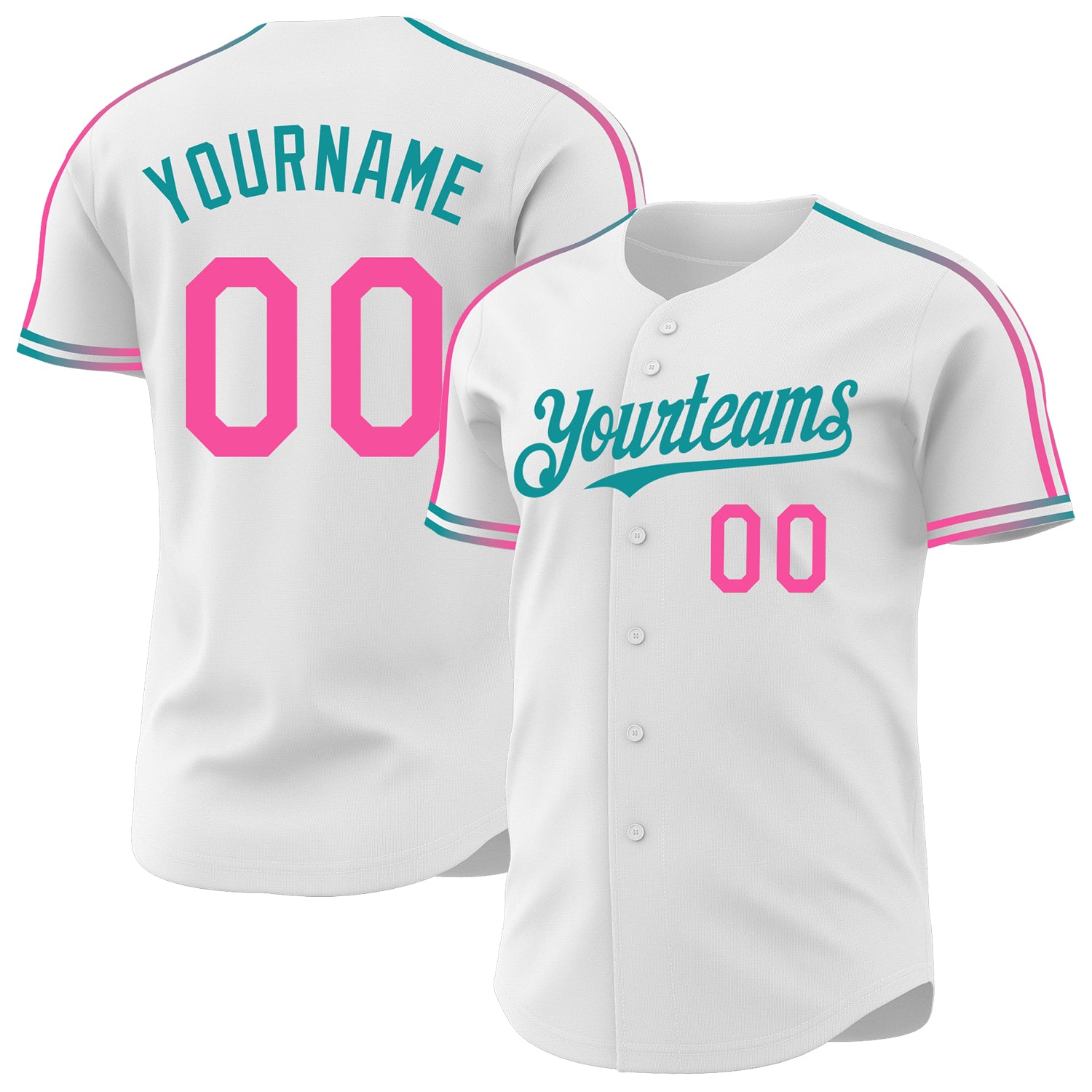 Custom White Pink-Teal Raglan Line Gradient Stripe Authentic Baseball Jersey