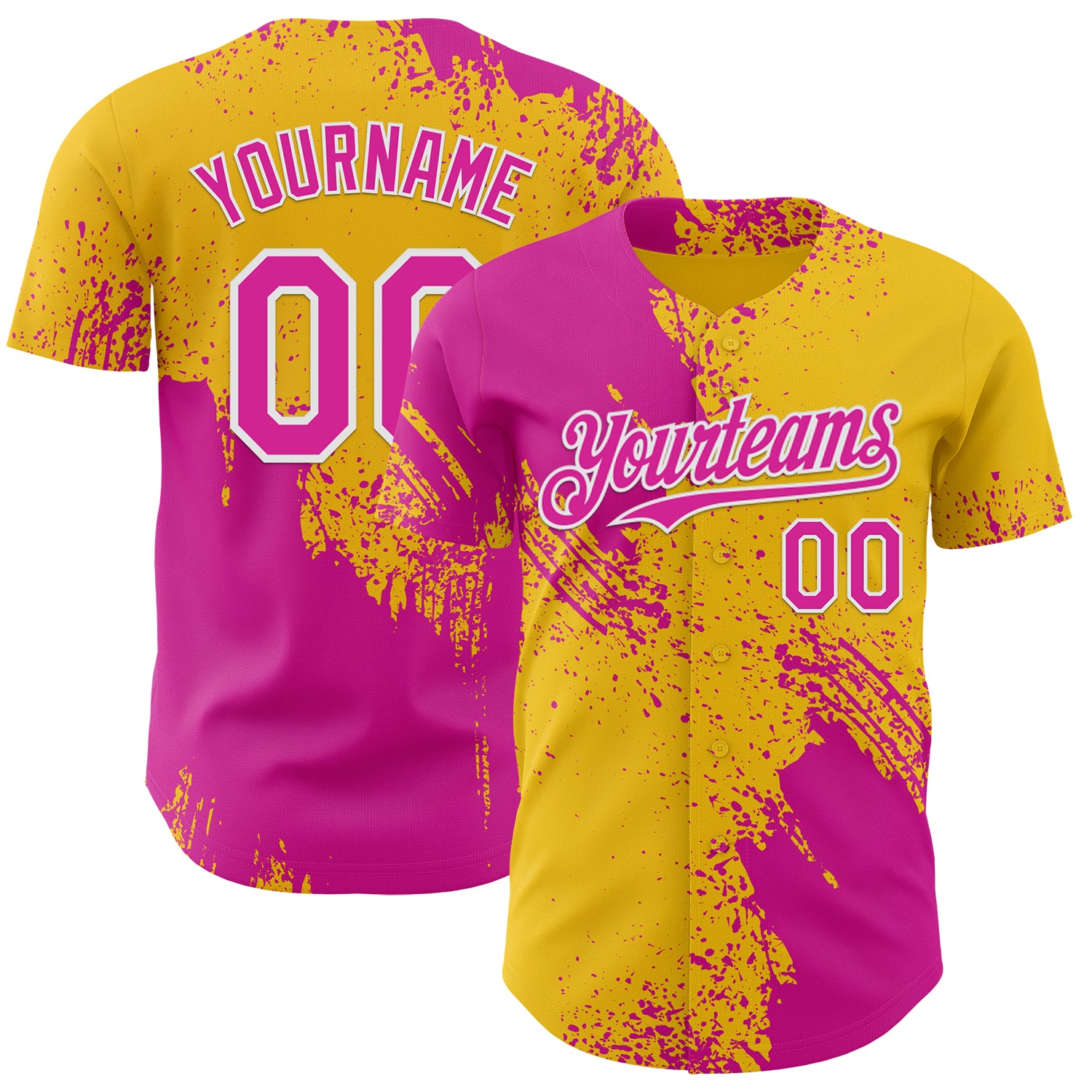 Custom Yellow Deep Pink-White Abstract Brush Stroke Authentic Baseball Jersey