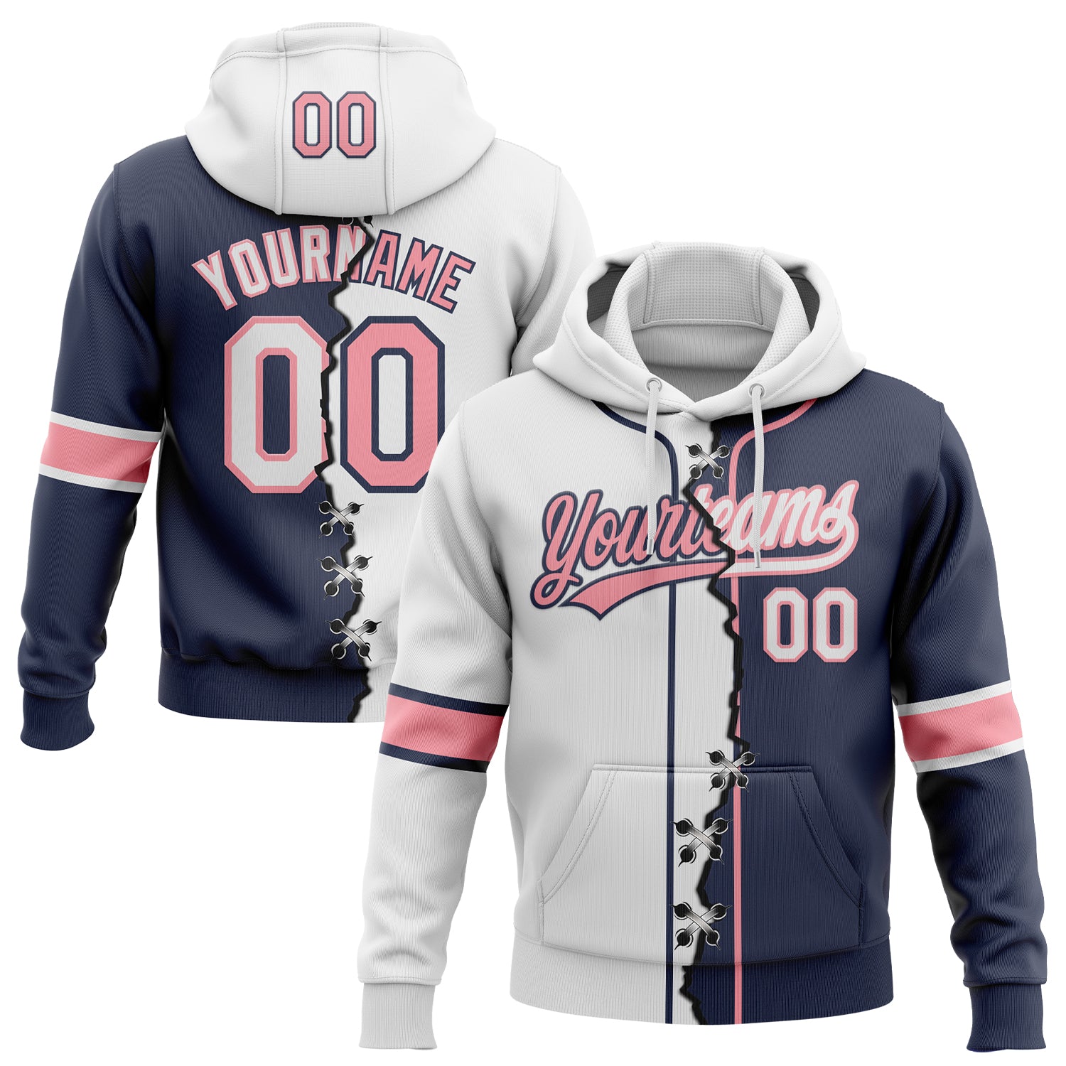 Custom Navy White-Medium Pink Split Ripped Pattern Baseball Pullover Sweatshirt Hoodie