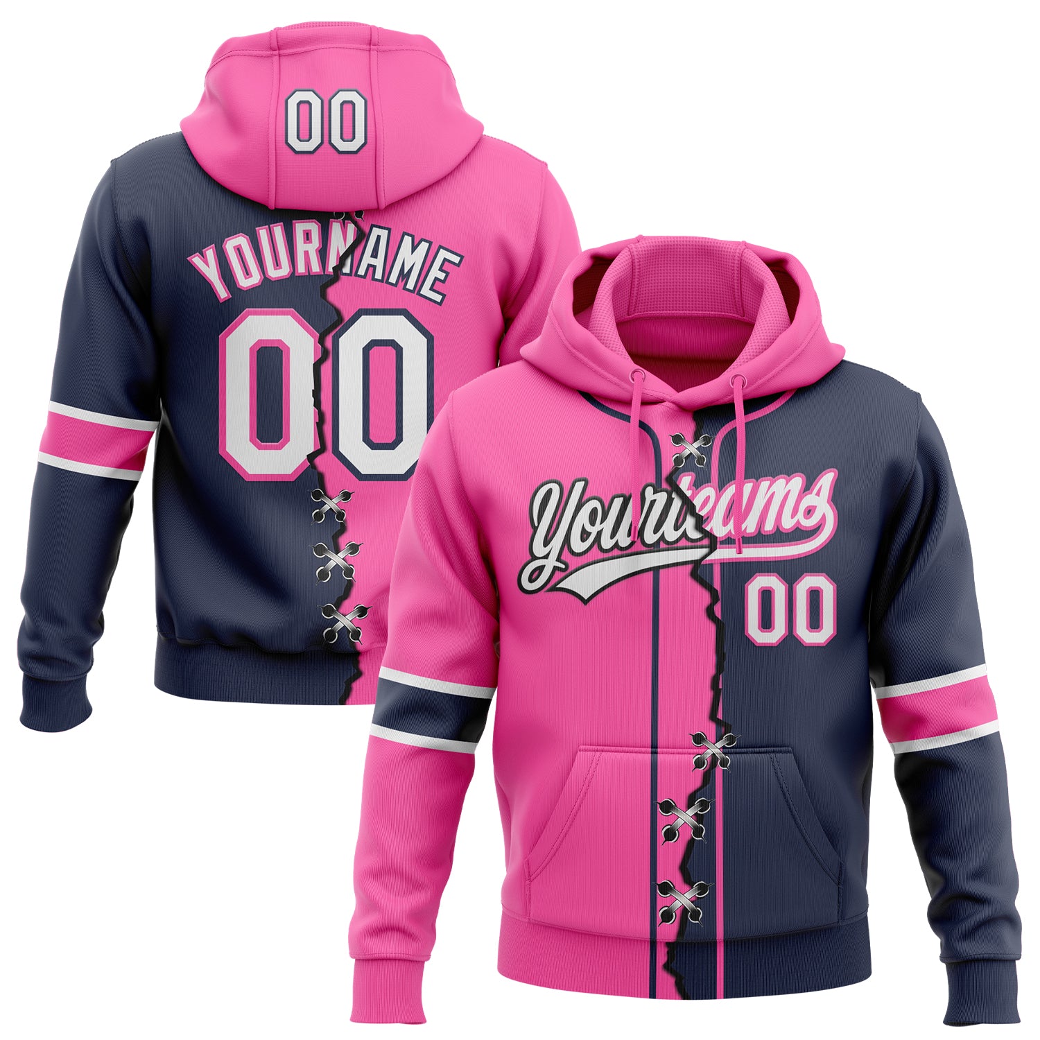 Custom Navy White-Pink Split Ripped Pattern Baseball Pullover Sweatshirt Hoodie