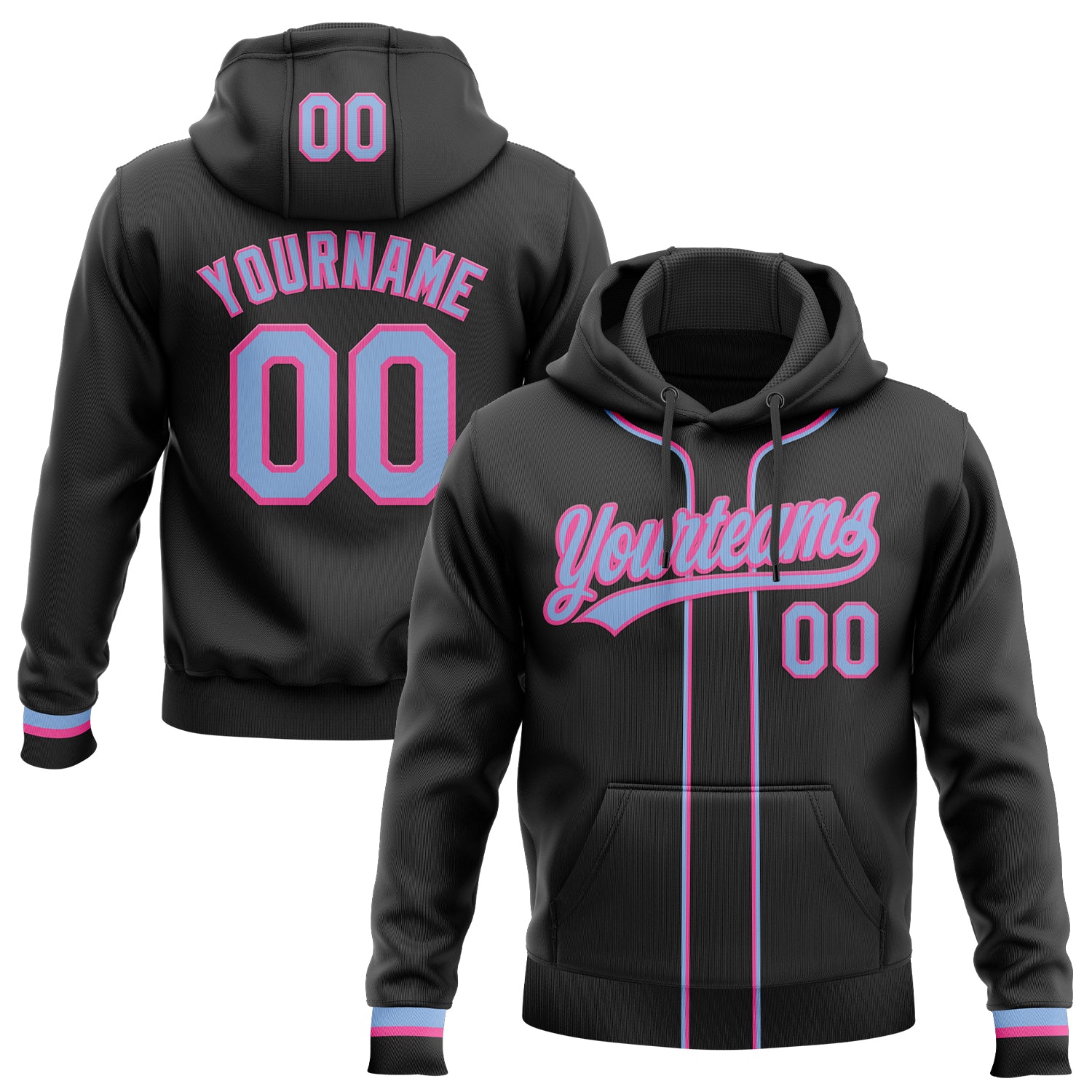 Custom Stitched Black Light Blue-Pink Baseball Pullover Sweatshirt Hoodie