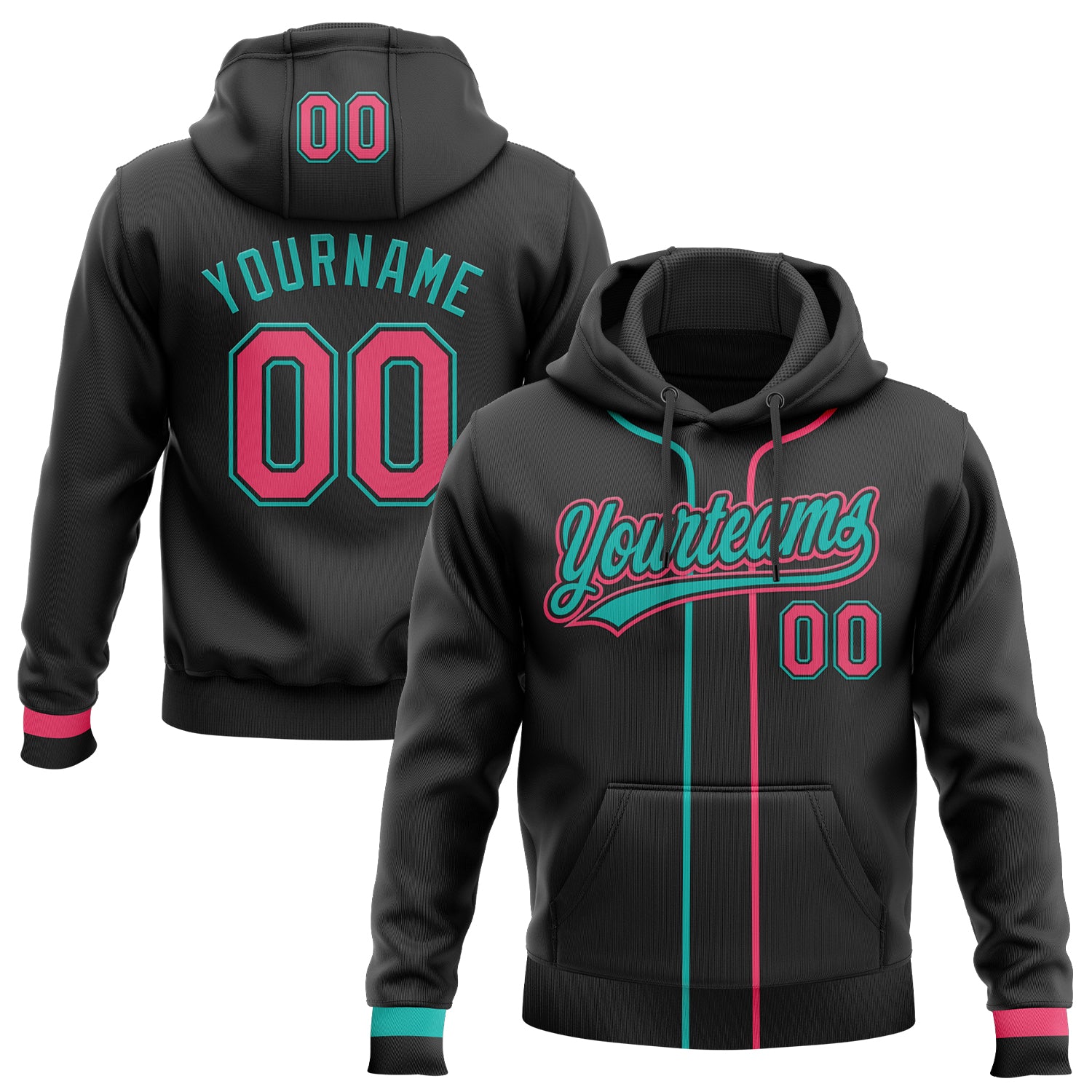 Custom Stitched Black Neon Pink-Aqua Baseball Pullover Sweatshirt Hoodie