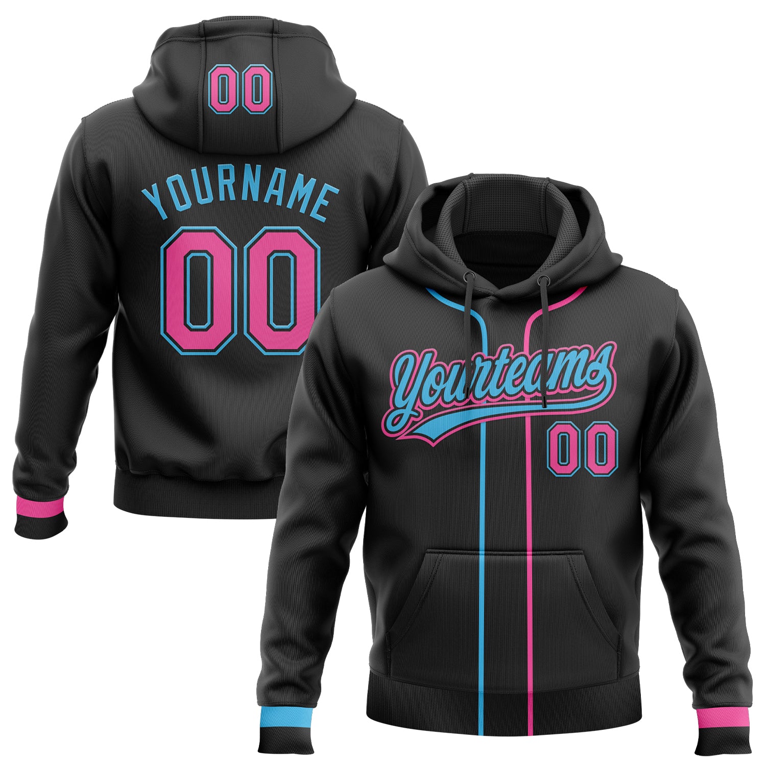 Custom Stitched Black Pink-Sky Blue Baseball Pullover Sweatshirt Hoodie