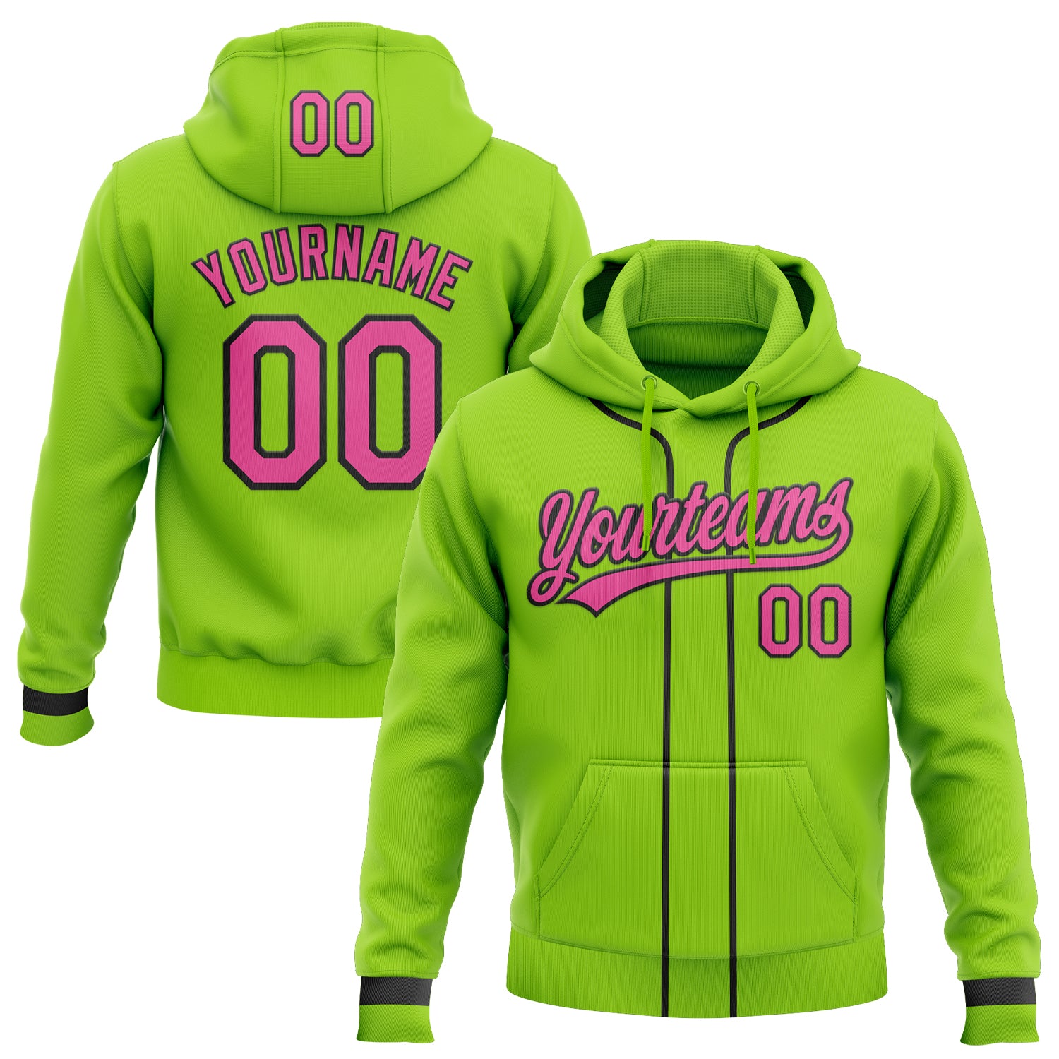 Custom Stitched Neon Green Pink-Black Baseball Pullover Sweatshirt Hoodie