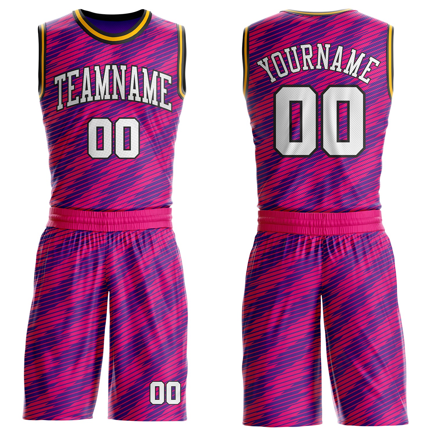 Custom Purple White Hot Pink Black-Gold Geometric Stripe Round Neck Sublimation Basketball Suit Jersey
