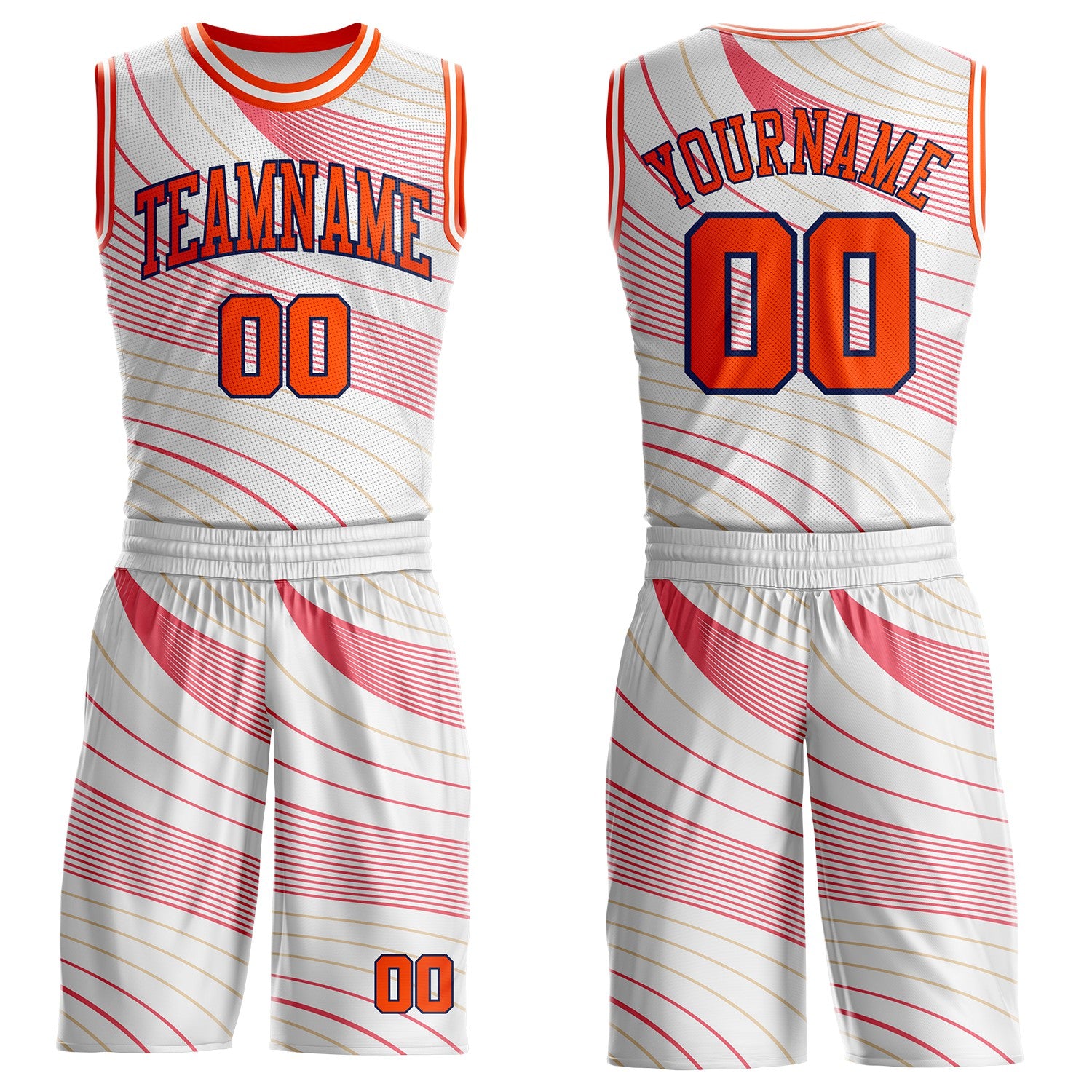 Custom White Orange Neon Pink Old Gold-Navy Wave Stripe Round Neck Sublimation Basketball Suit Jersey
