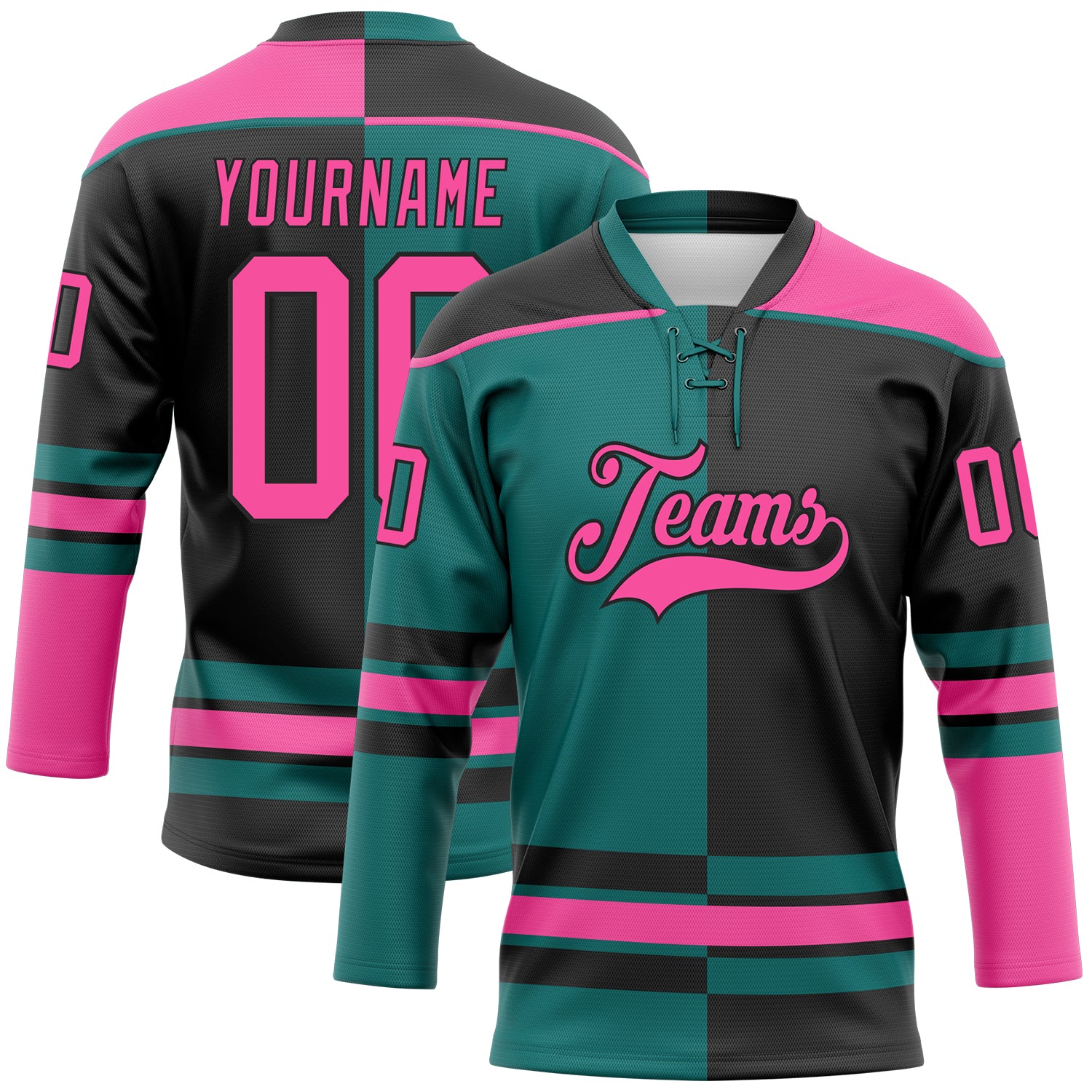 Custom Black Pink-Teal Split Fashion Hockey Lace Neck Jersey