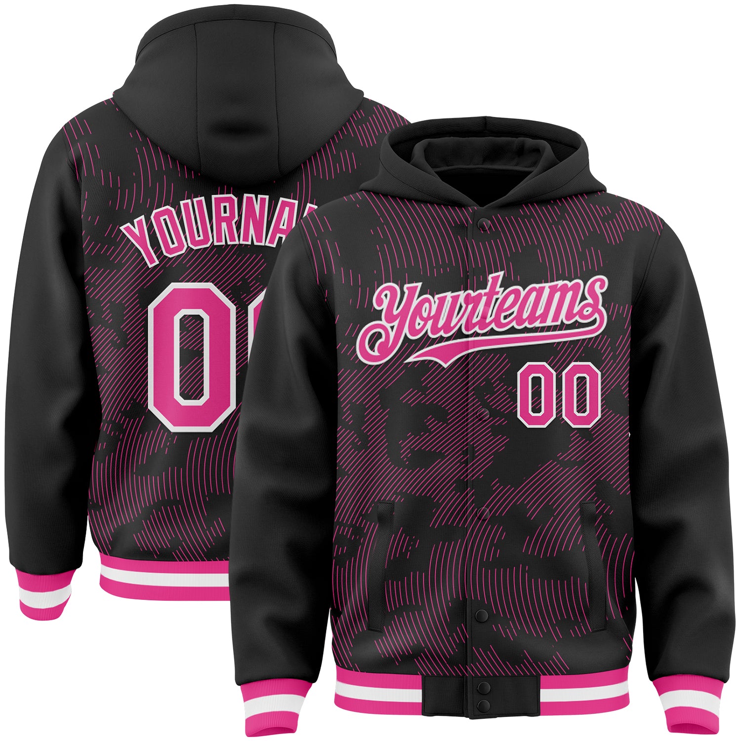 Custom Black Pink-White Curve Lines 3D Pattern Design Bomber Full-Snap Varsity Letterman Hoodie Jacket