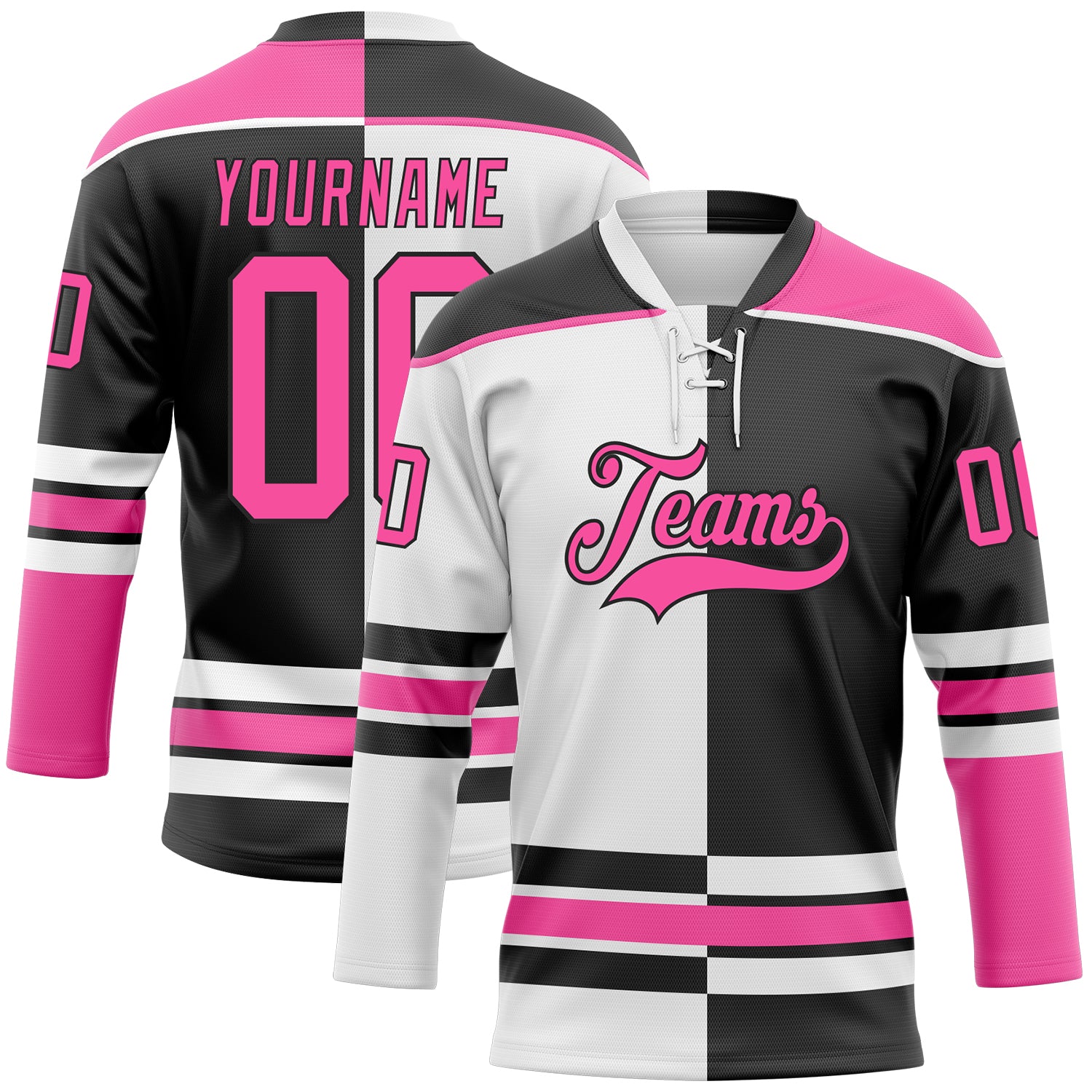 Custom Black Pink-White Split Fashion Hockey Lace Neck Jersey