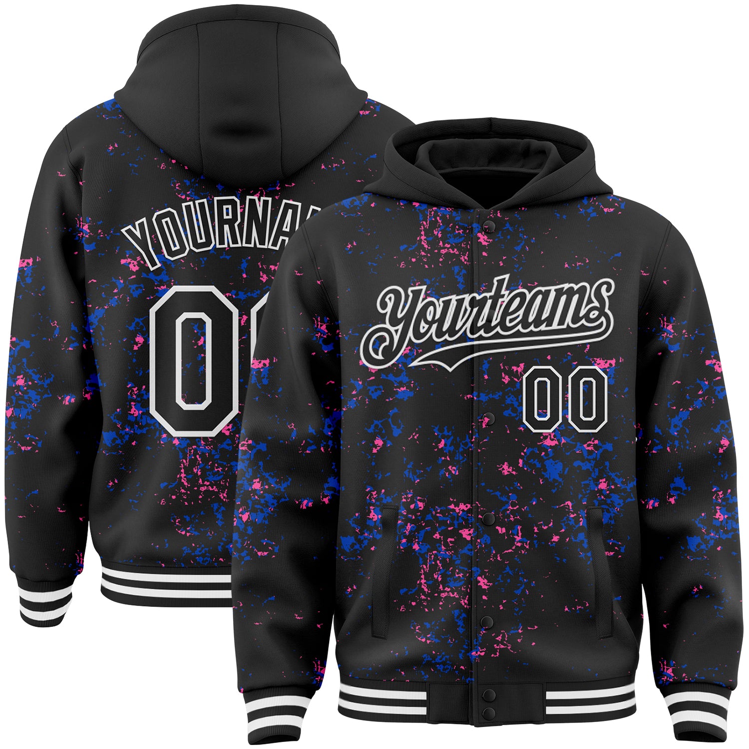 Custom Black Thunder Blue Pink-White Fragment 3D Pattern Design Bomber Full-Snap Varsity Letterman Hoodie Jacket
