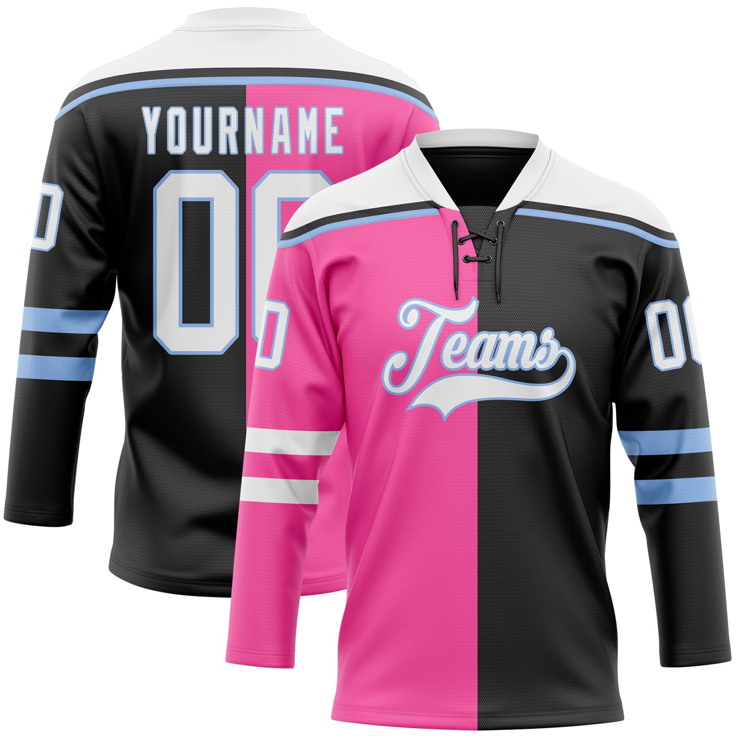 Custom Black White Pink-Light Blue Split Fashion Hockey Lace Neck Jersey