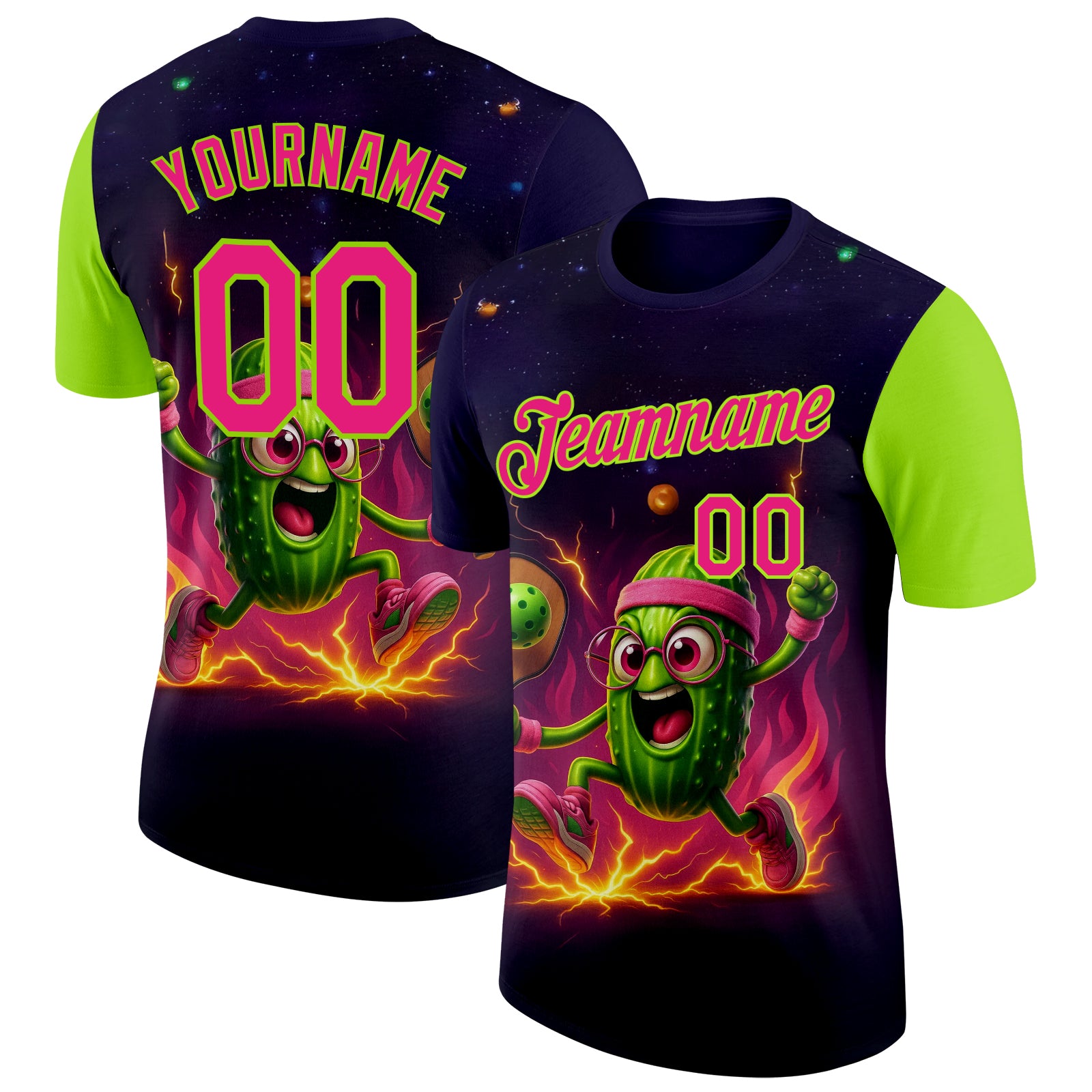 Custom Blue Hot Pink-Neon Green 3D Funny Pickleball Paddles Balls Performance T-Shirt