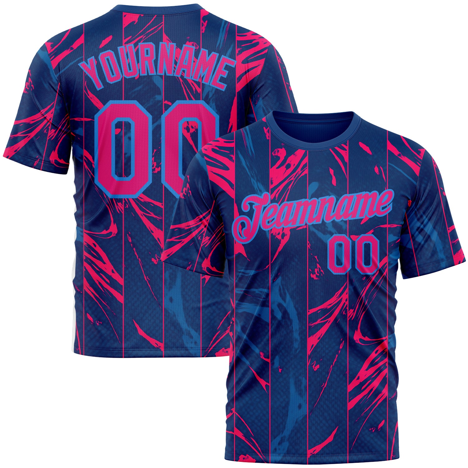 Custom Blue Hot Pink Red-Powder Blue 3D Pattern Design Abstract Splash Stripe Sportswear Performance T-Shirt