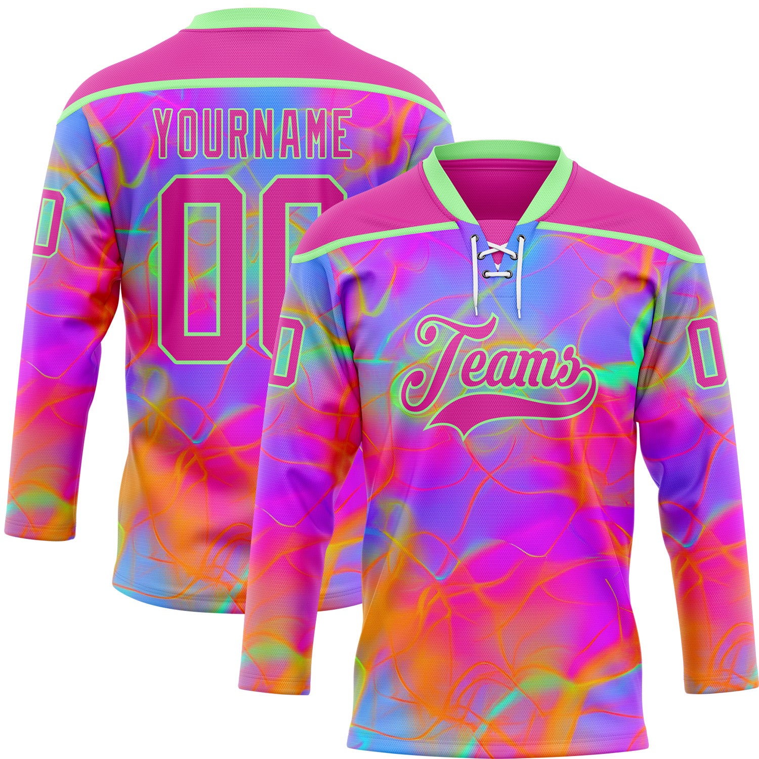 Custom Deep Pink Pea Green Purple-Orange 3D Pattern Trippy Psychedelic Neon Hockey Lace Neck Jersey