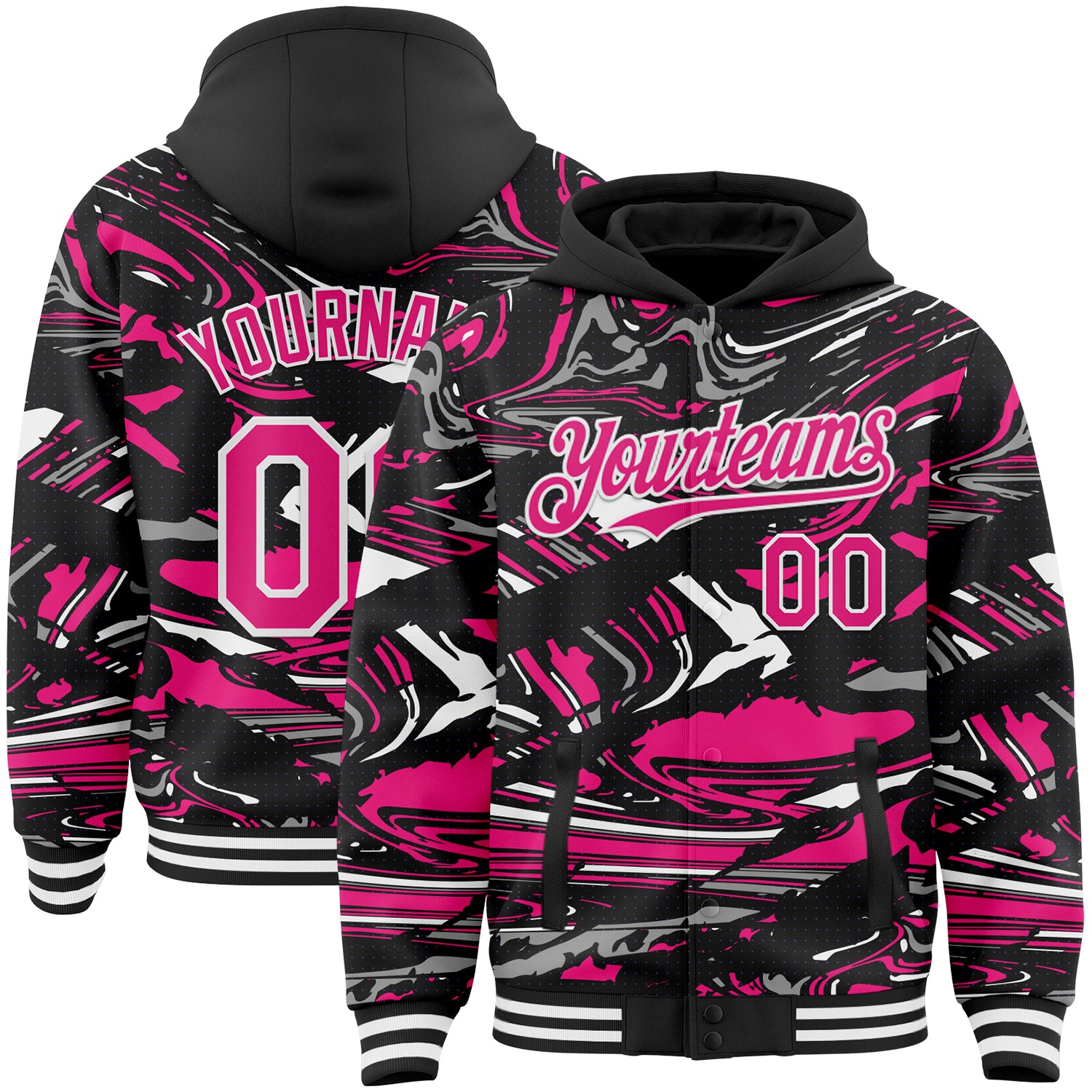 Custom Figure Hot Pink Black-White Fluid Bomber Full-Snap Varsity Letterman Hoodie Jacket