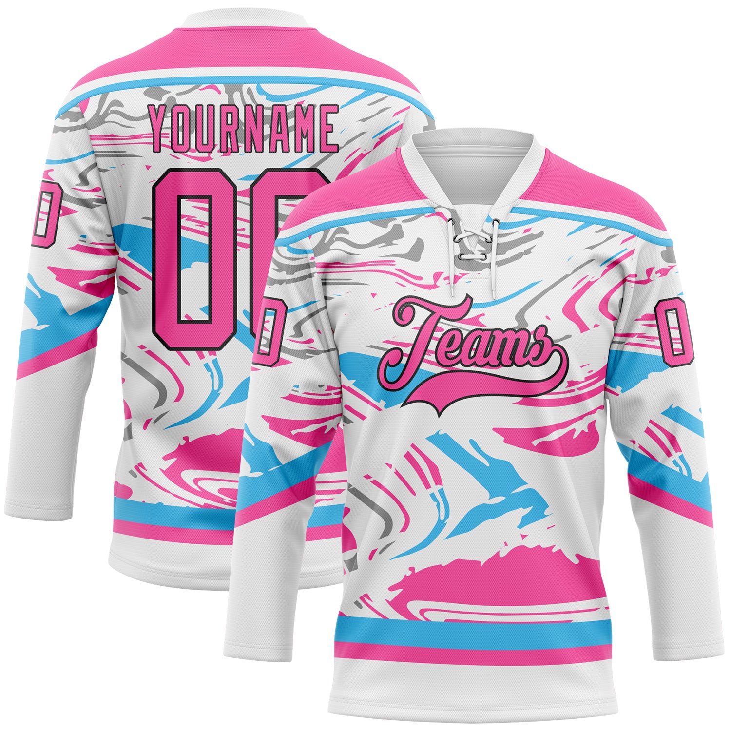 Custom Figure Pink White Sky Blue-Black 3D Pattern Fluid Art Hockey Lace Neck Jersey