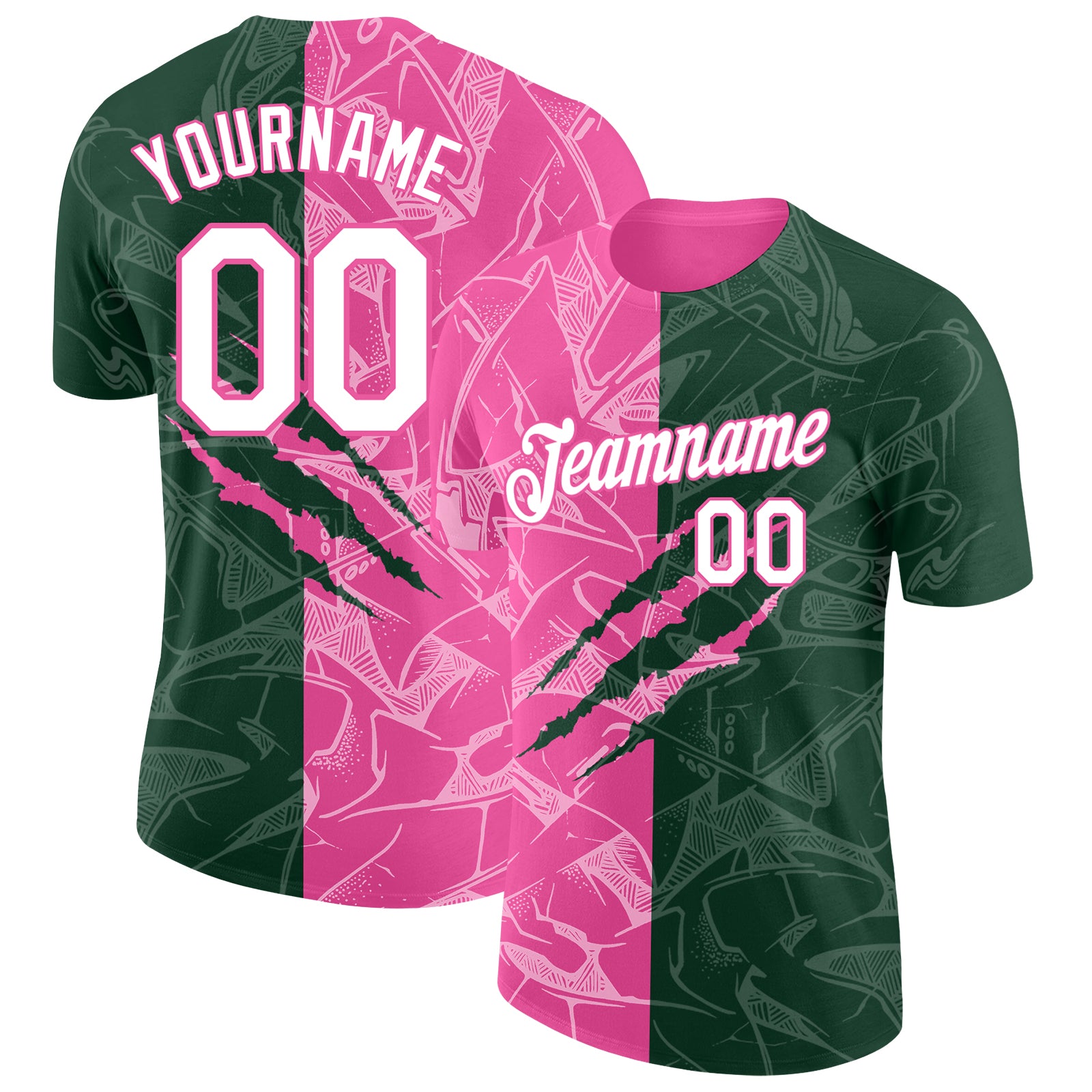 Custom Graffiti Pattern White Green-Pink Scratch 3D Performance T-Shirt