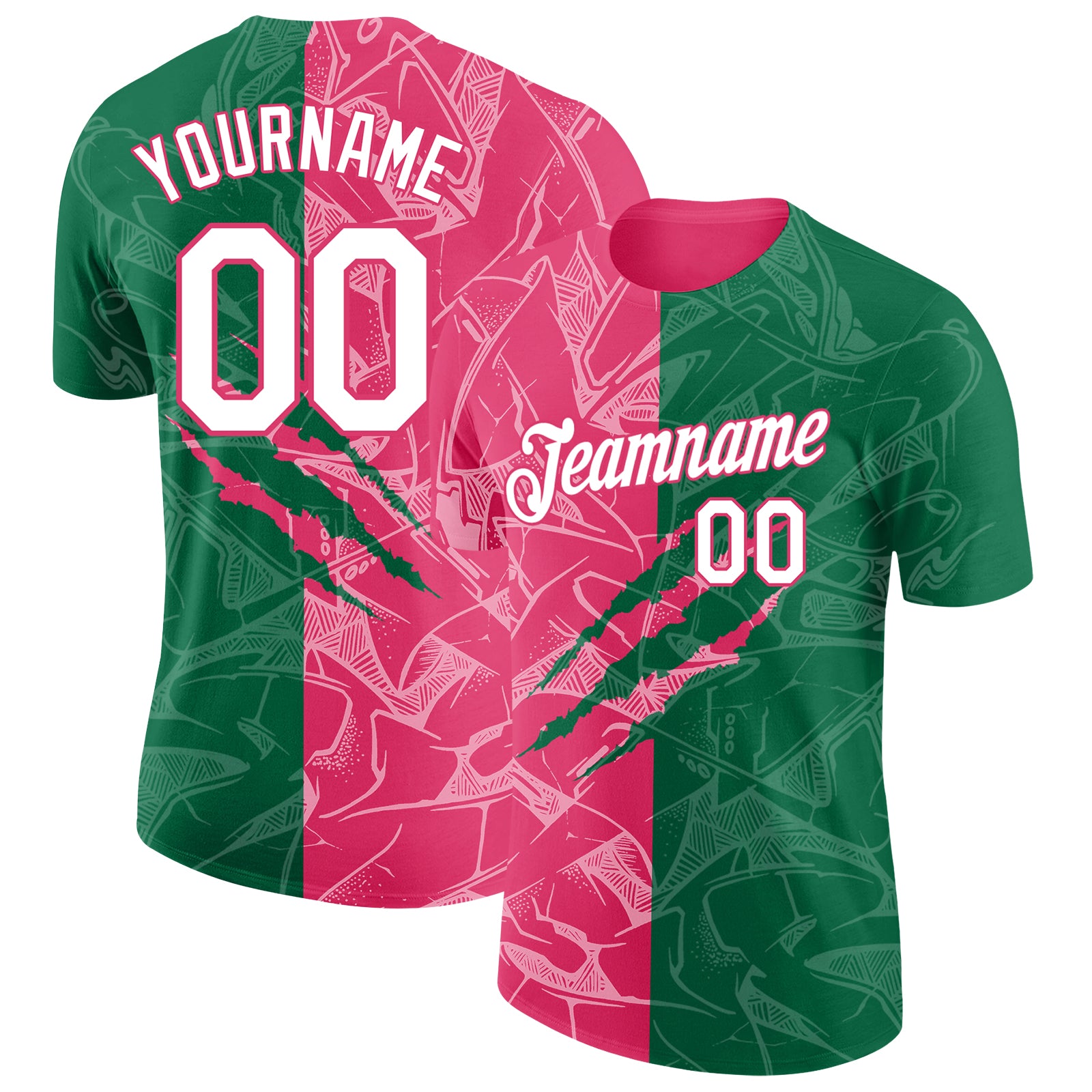 Custom Graffiti Pattern White Kelly Green-Neon Pink Scratch 3D Performance T-Shirt