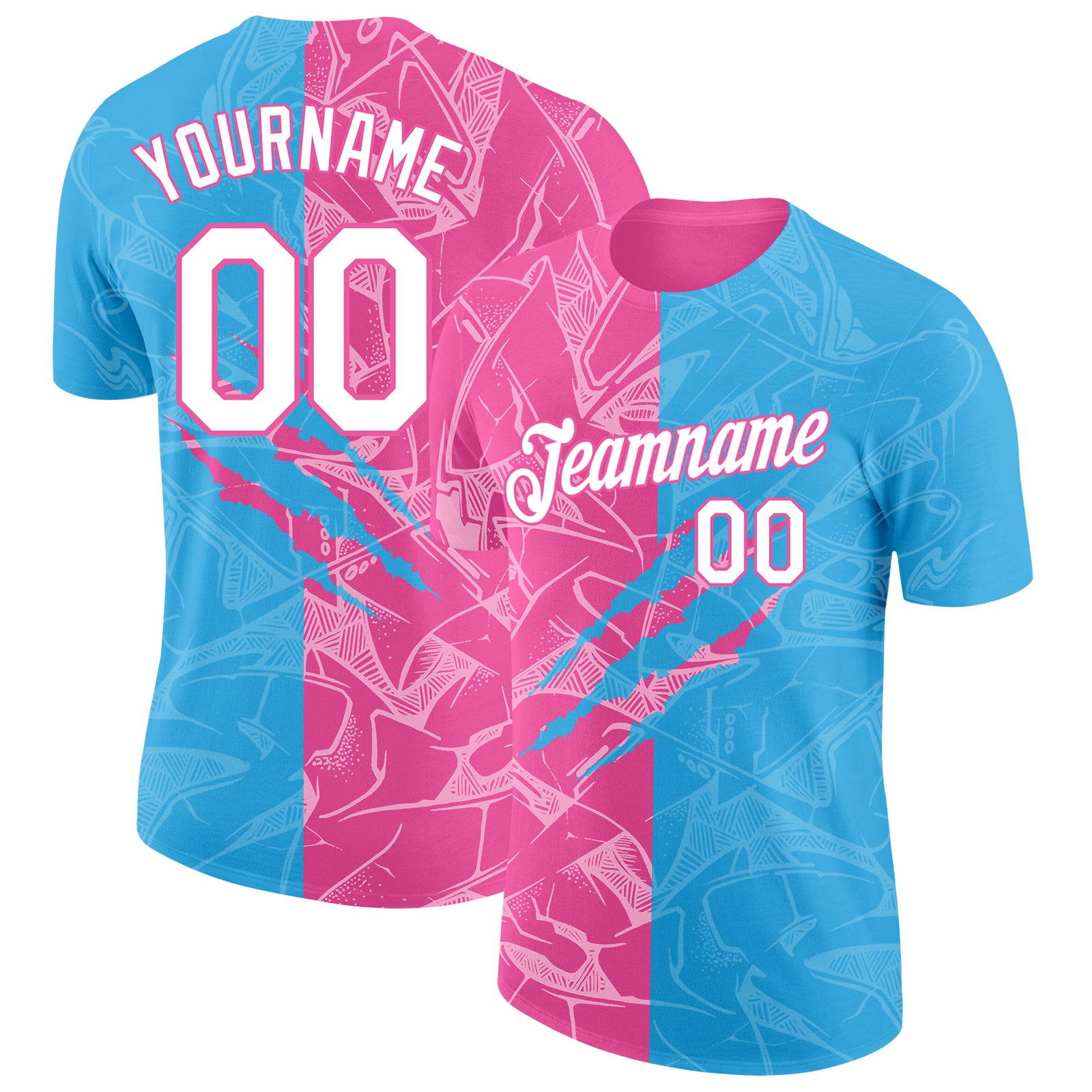 Custom Graffiti Pattern White Sky Blue-Pink Scratch 3D Performance T-Shirt