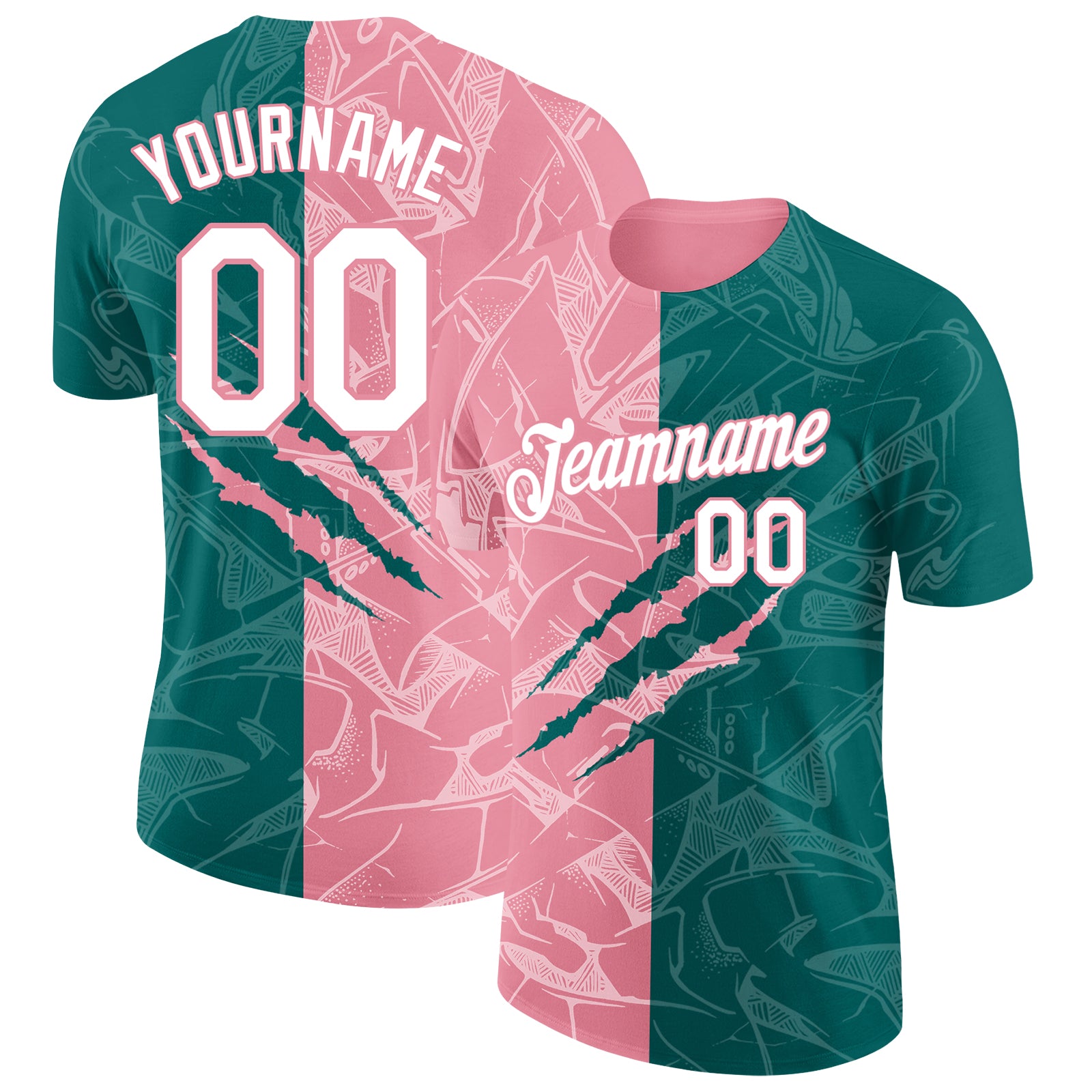 Custom Graffiti Pattern White Teal-Medium Pink Scratch 3D Performance T-Shirt