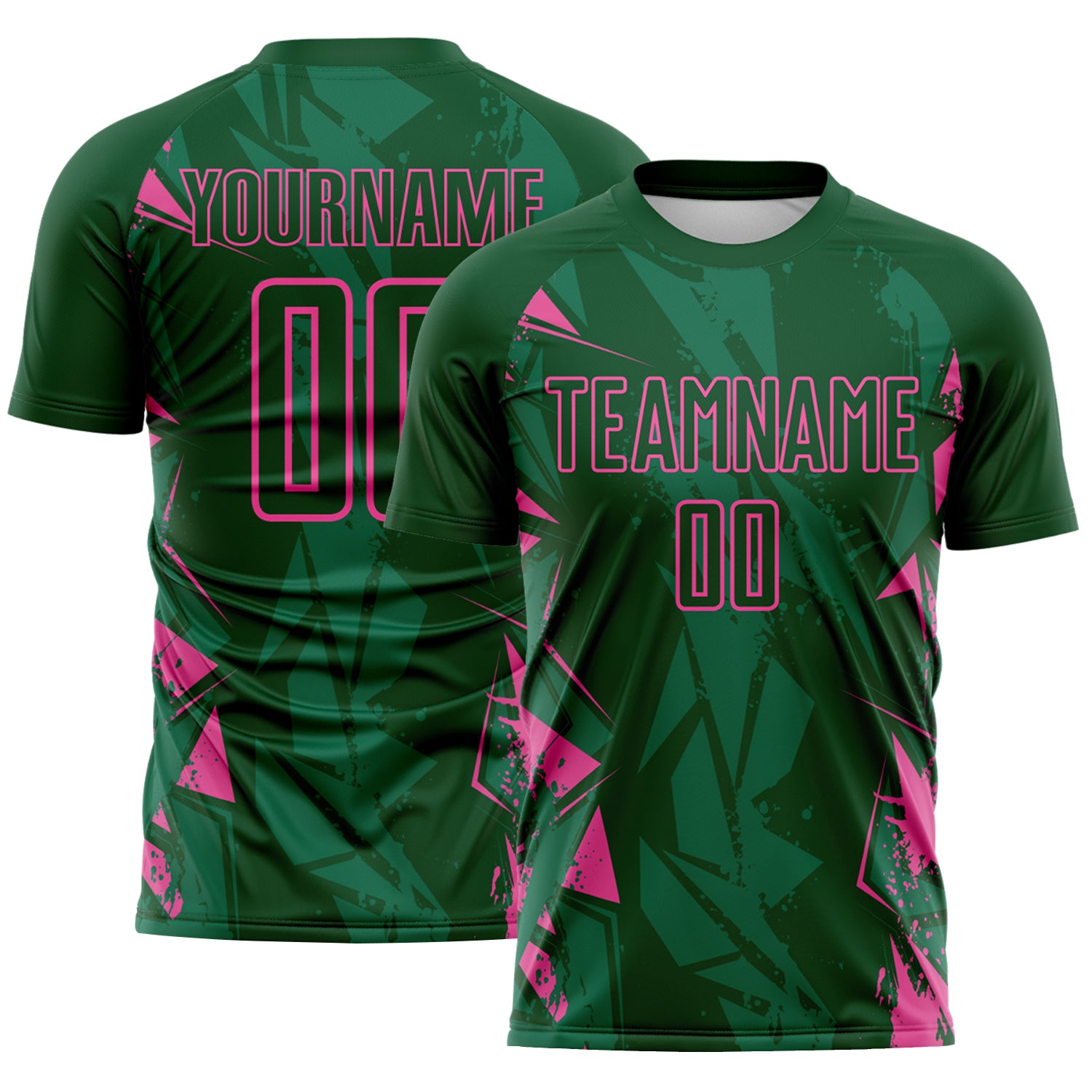 Custom Green-Pink Geometric Shard Grunge Splash Sublimation Soccer Uniform Jersey