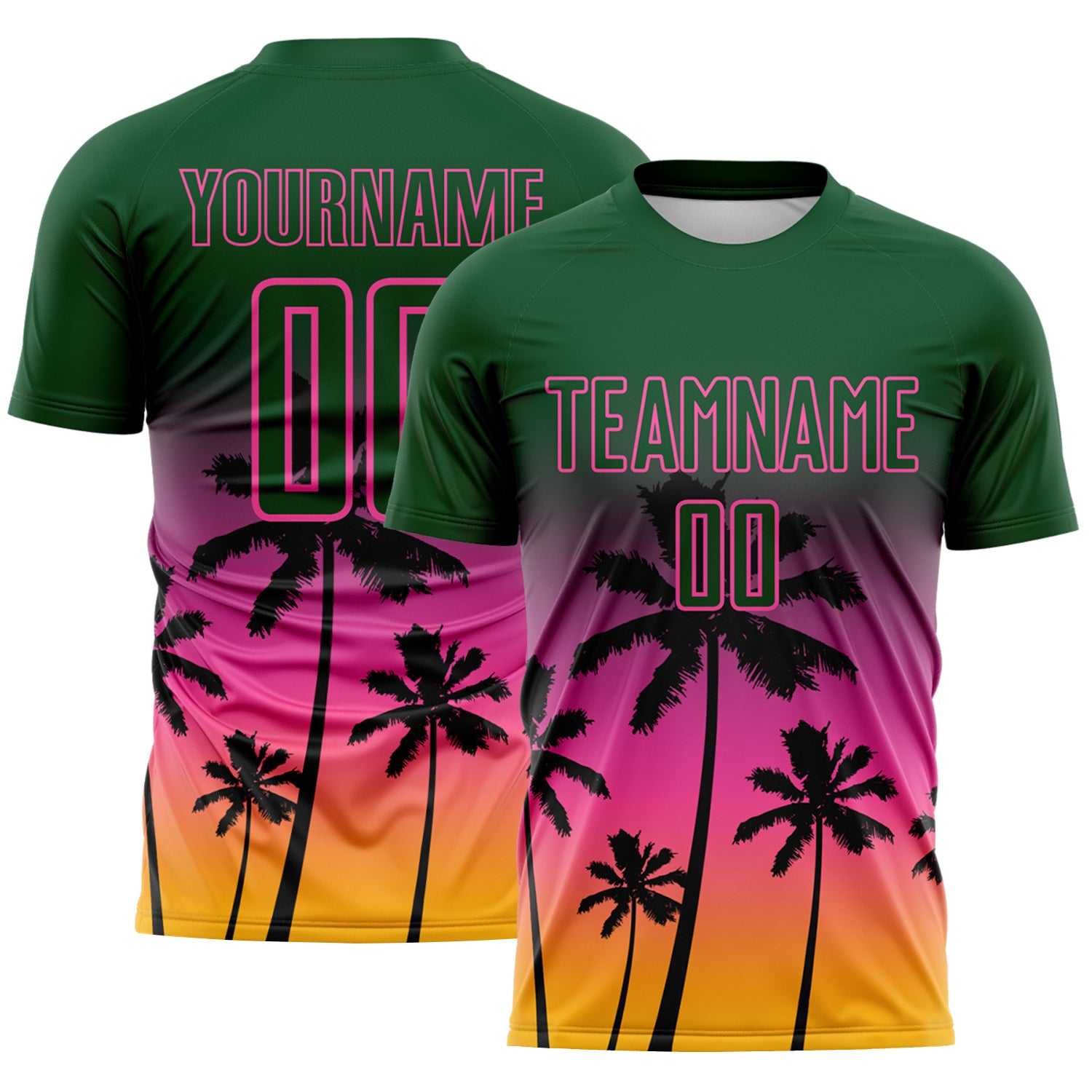 Custom Green Pink-Gold Tropical Hawaii Palm Trees Gradient Sublimation Soccer Uniform Jersey