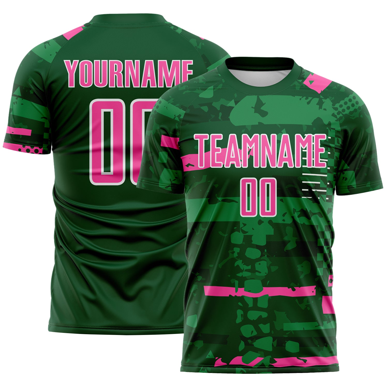 Custom Green Pink-White Abstract Geometric Stripe Fragment Sublimation Soccer Uniform Jersey