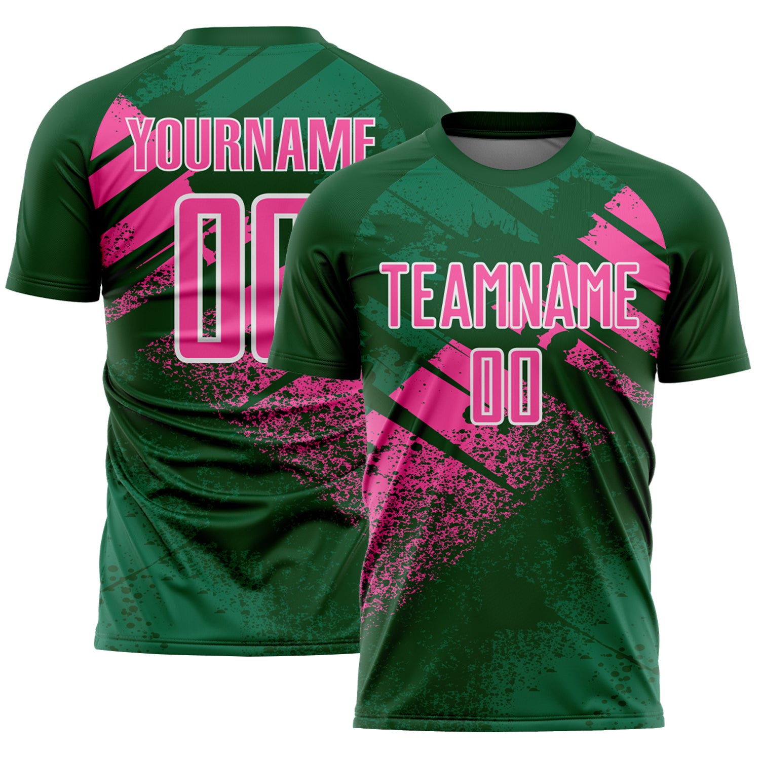 Custom Green Pink-White Grunge Splatter Brush Stroke Sublimation Soccer Uniform Jersey