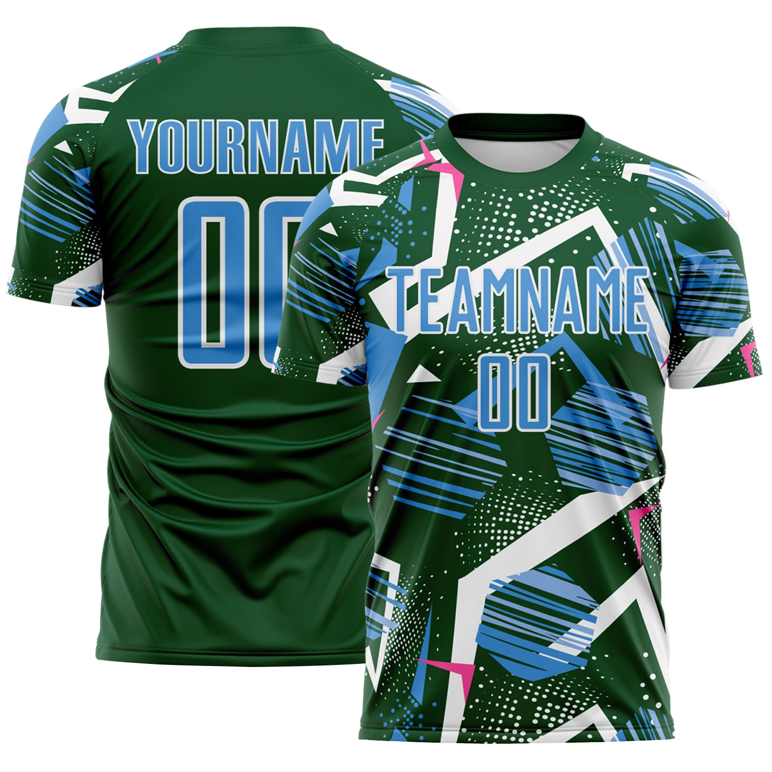 Custom Green Powder Blue Pink-White Geometric Asymmetry Shatter Sublimation Soccer Uniform Jersey