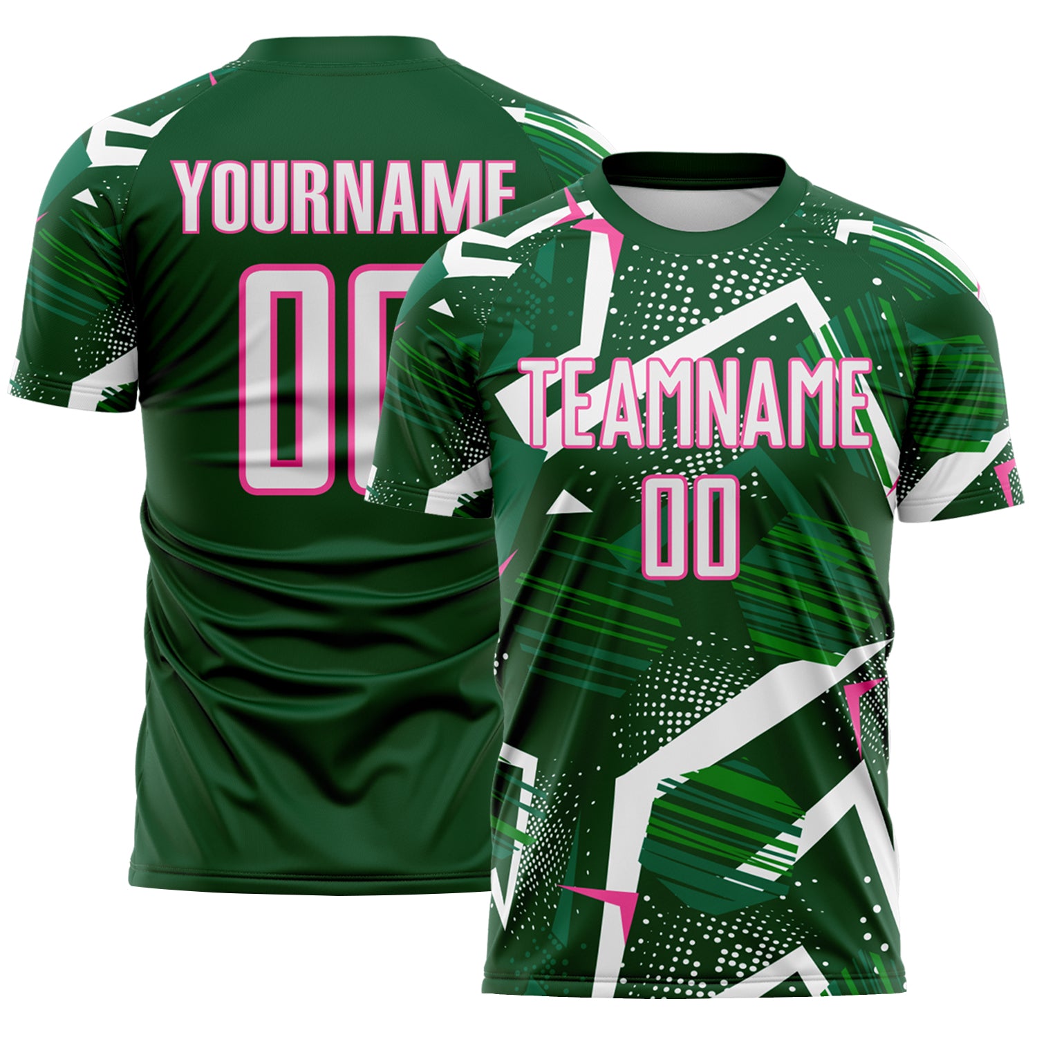 Custom Green White-Pink Geometric Asymmetry Shatter Sublimation Soccer Uniform Jersey