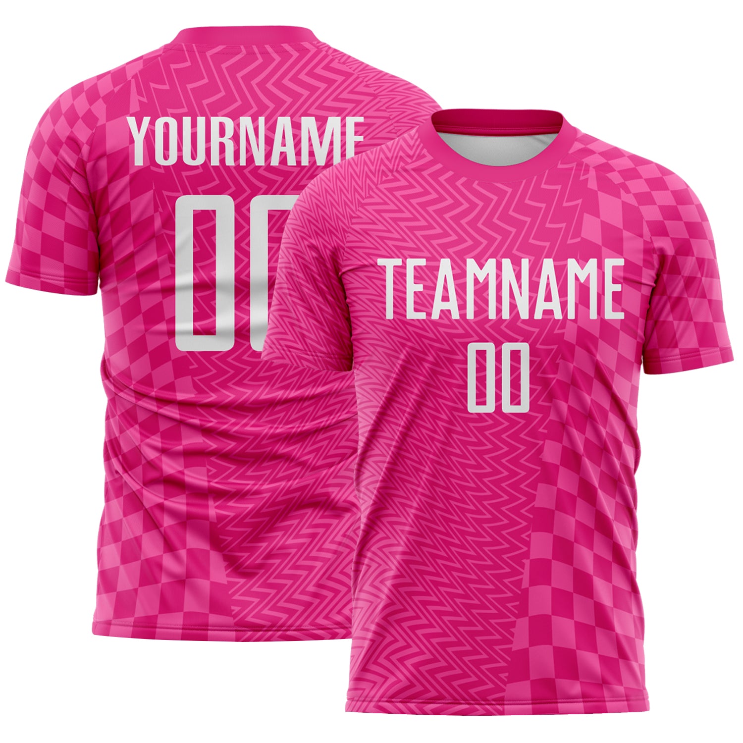 Custom Hot Pink-White Geometric Patchwork Asymmetry Checkered Zigzag Lines Sublimation Soccer Uniform Jersey