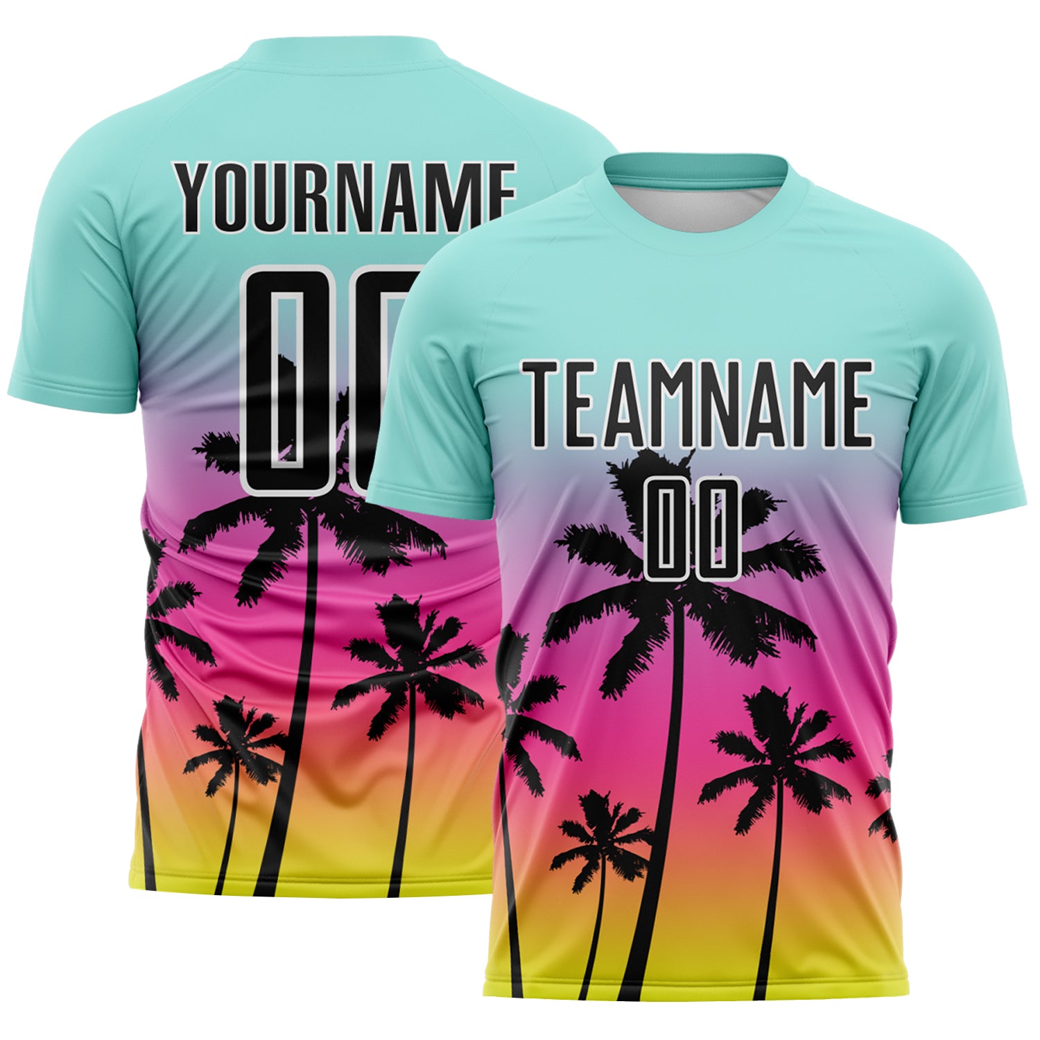Custom Ice Blue Black Pink Neon Yellow-White Tropical Hawaii Palm Trees Gradient Sublimation Soccer Uniform Jersey
