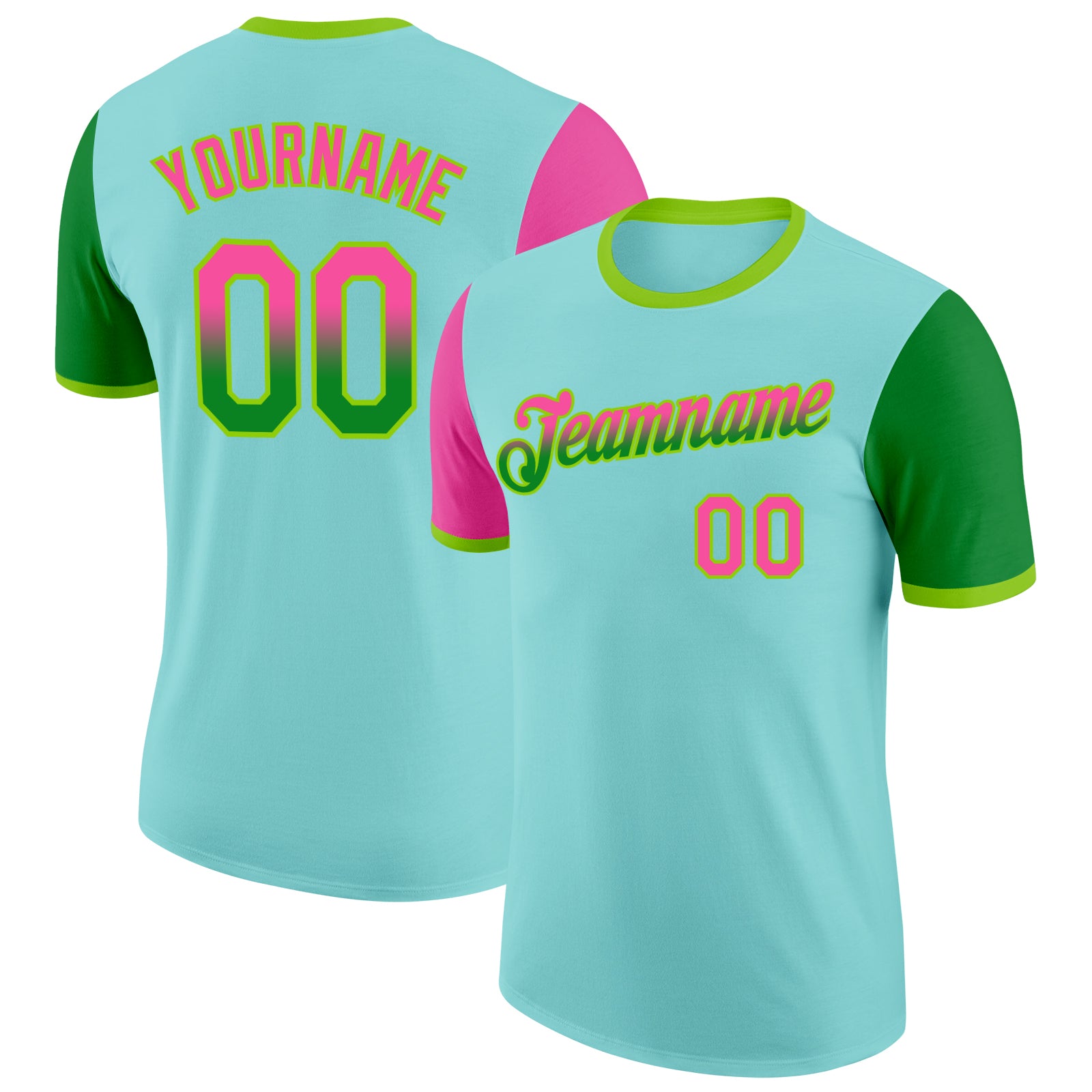 Custom Ice Blue Pink Grass Green-Neon Green Gradient Two Tone Performance T-Shirt