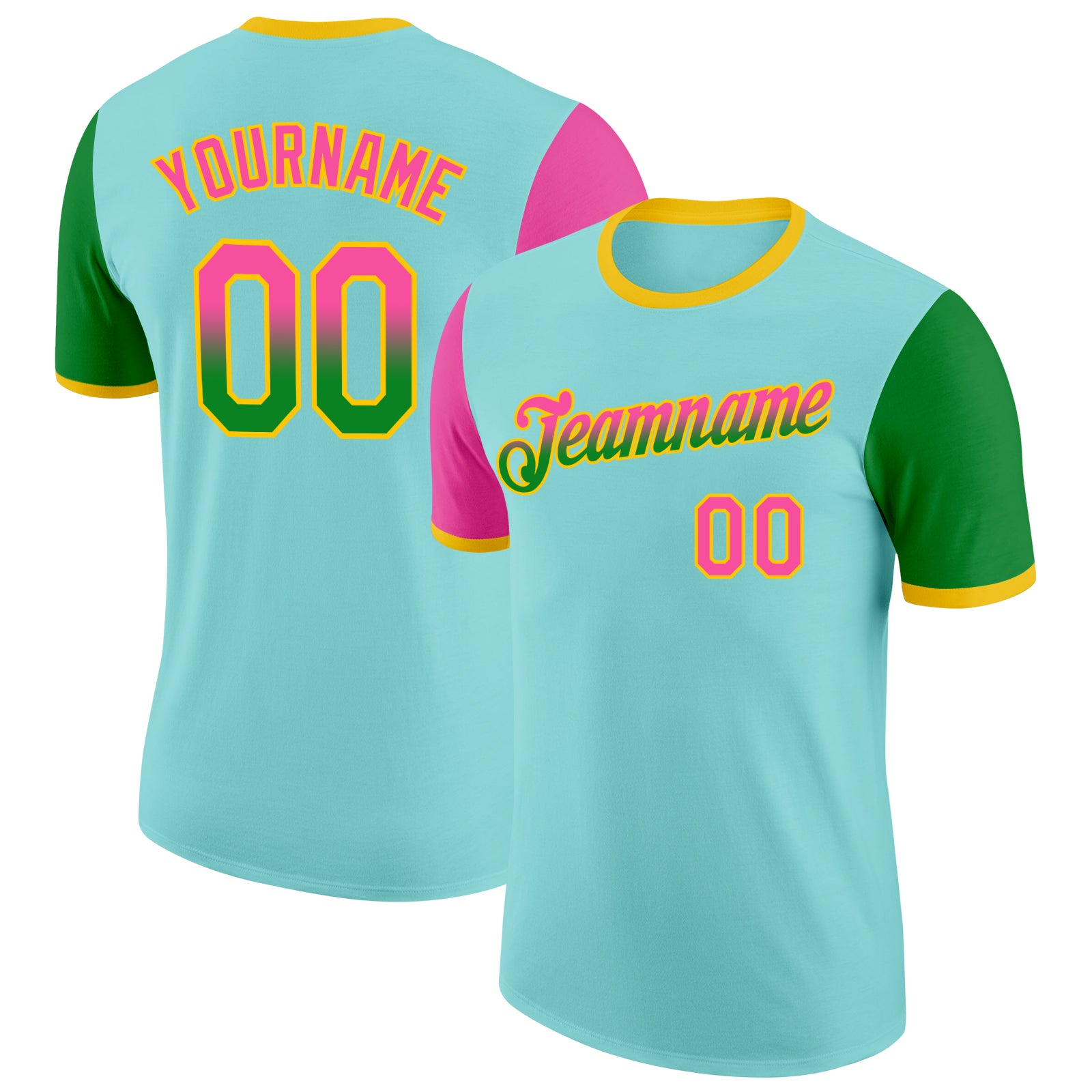 Custom Ice Blue Pink Grass Green-Yellow Gradient Two Tone Performance T-Shirt