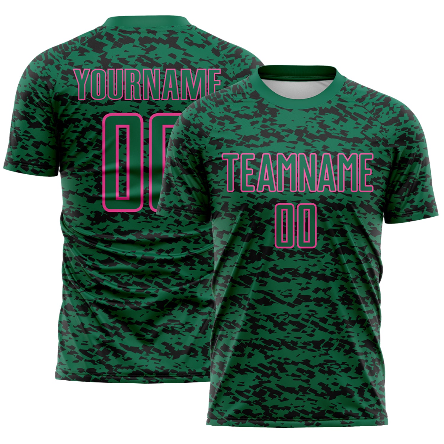 Custom Kelly Green Black-Pink Geometric Fragment Splatter Sublimation Soccer Uniform Jersey