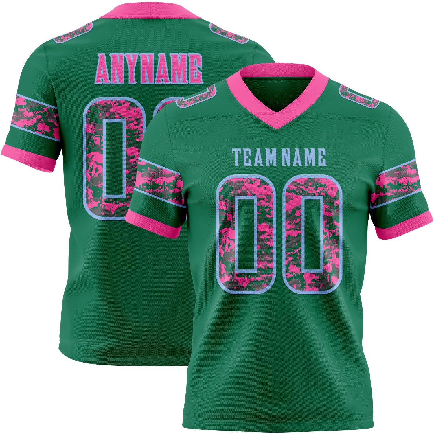 Custom Kelly Green Camo Light Blue-Pink Authentic Digital Camouflage Panel Football Jersey