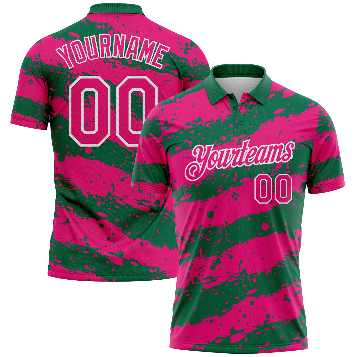 Custom Kelly Green Hot Pink-White Paint Splash Stripe Performance Polo Shirt