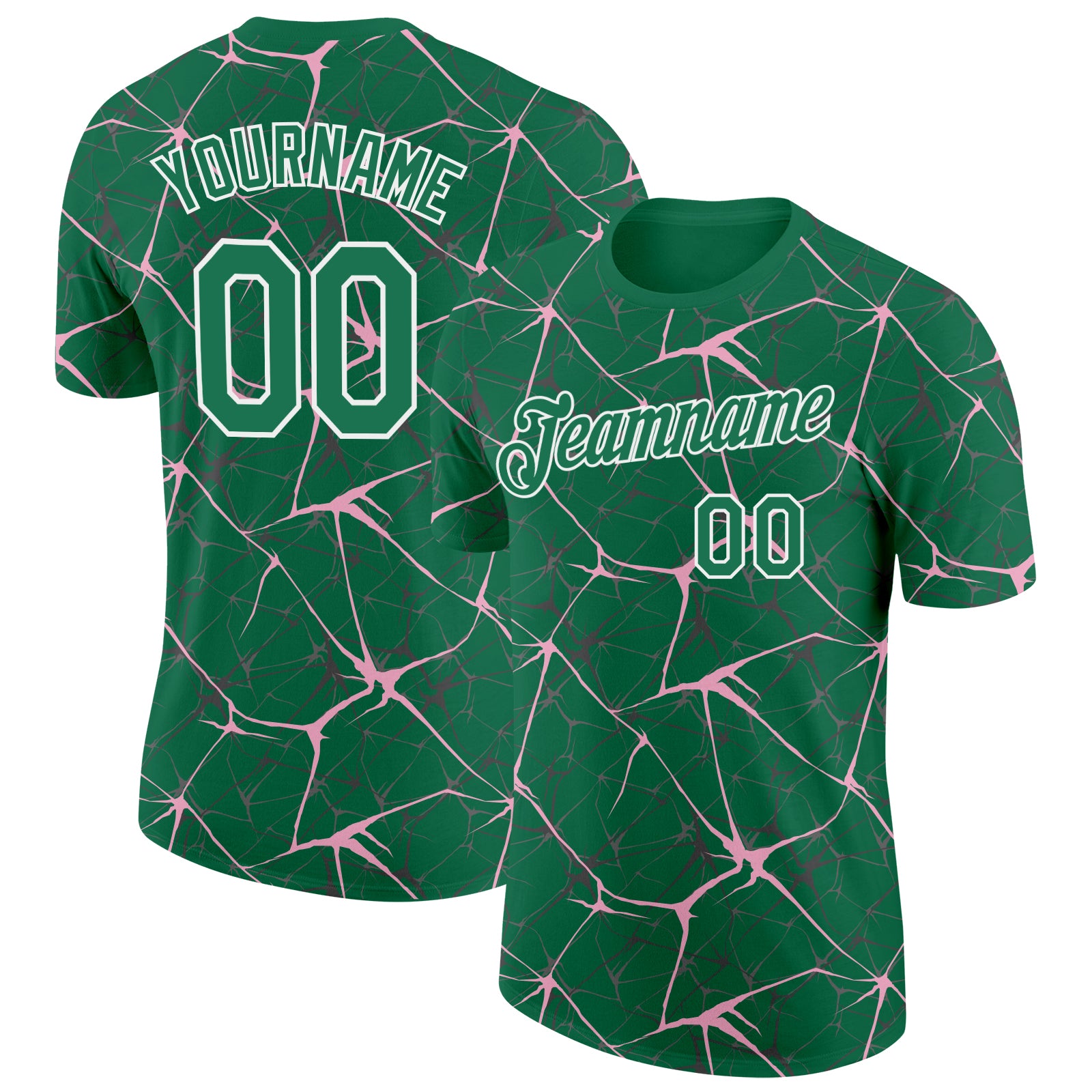 Custom Kelly Green Light Pink Gray-White Abstract Network Crackle Performance T-Shirt